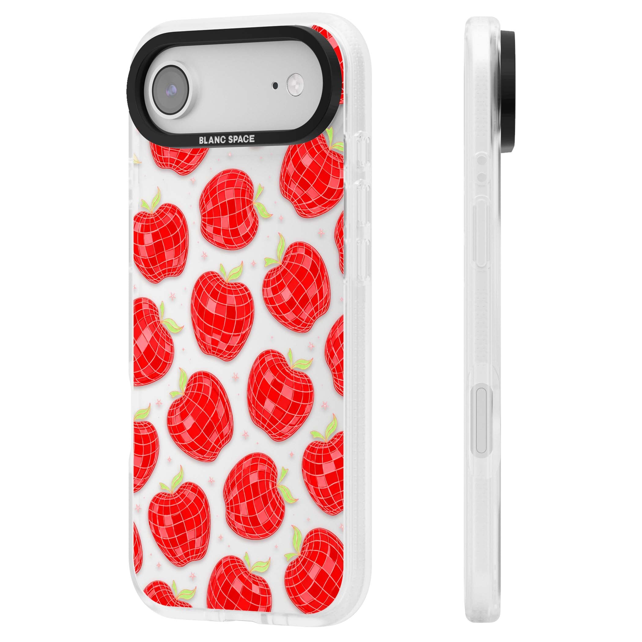 Disco Apples Y2K iPhone case featuring red disco ball apples, green leaves and pink sparkles on clear | Clear Case Impact Air case for iPhone Air