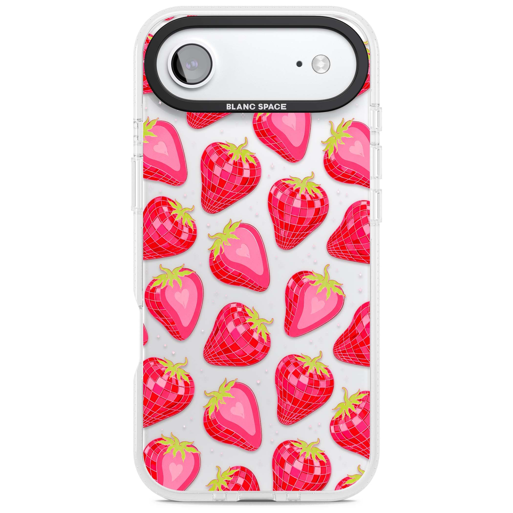 Disco Strawberry Y2K iPhone case featuring pink disco-ball strawberries, green leaves and tiny sparkles | Clear Case Impact Air case for iPhone Air