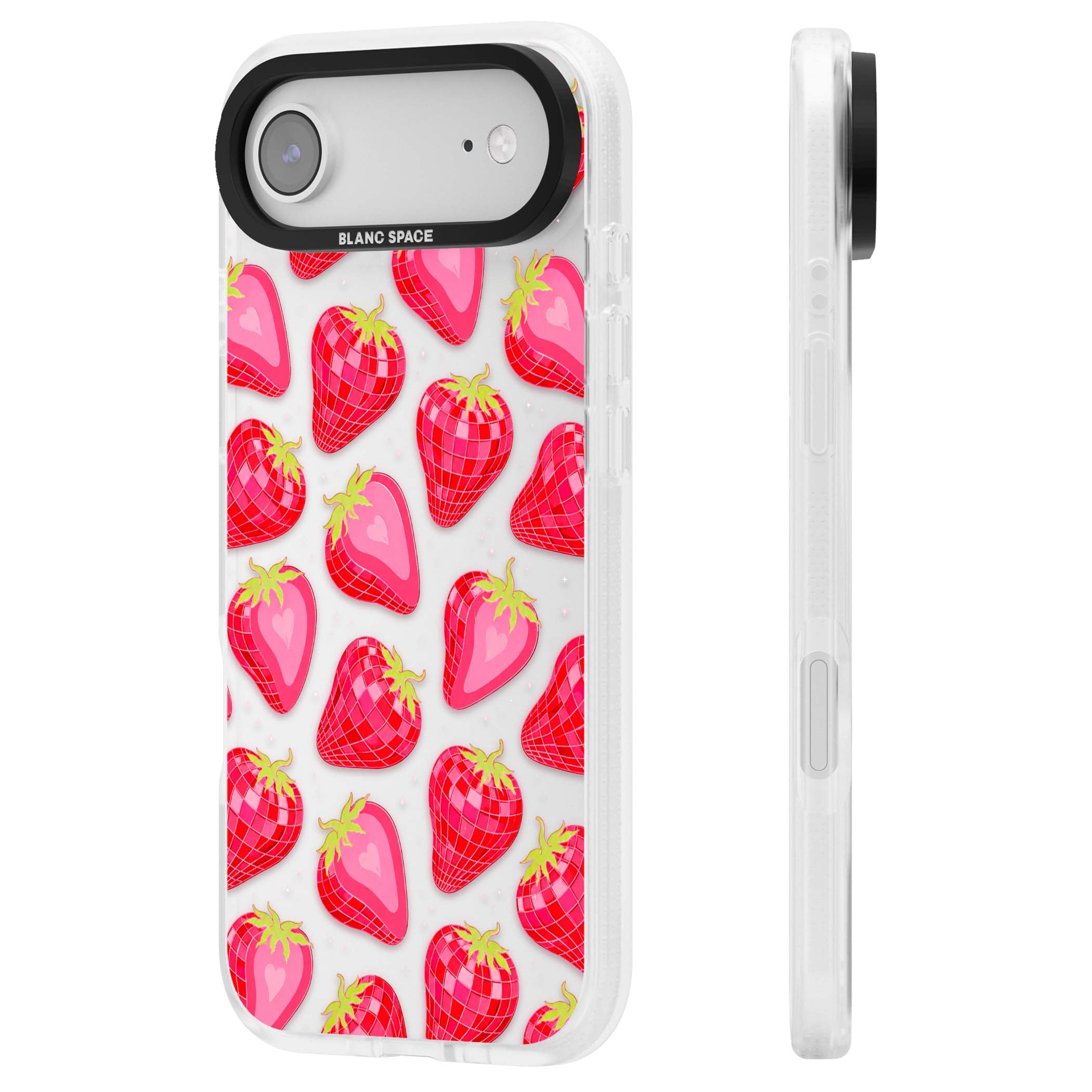 Disco Strawberry Y2K iPhone case featuring pink disco-ball strawberries, green leaves and tiny sparkles | Clear Case Impact Air case for iPhone Air