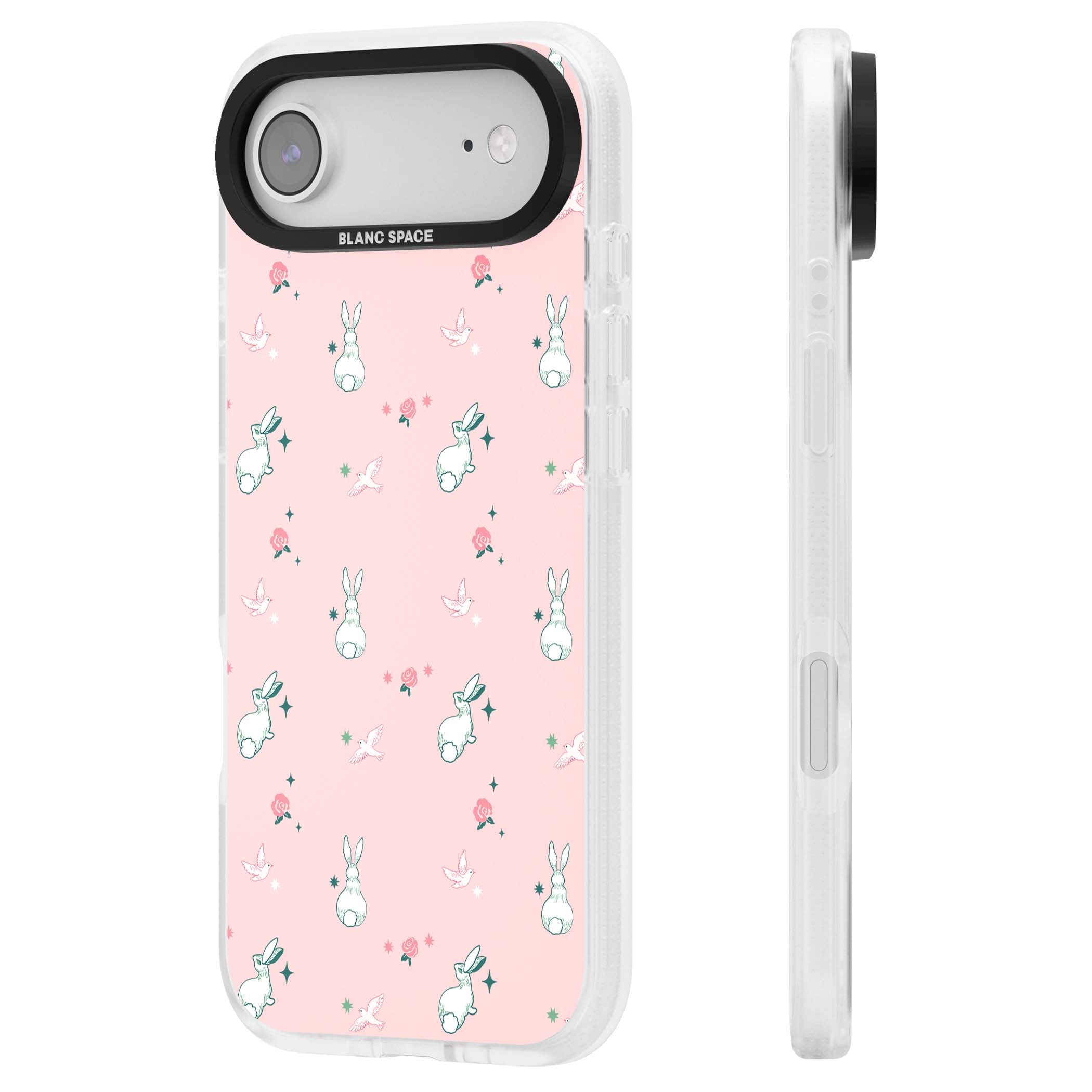Bunny Garden kawaii iPhone case featuring white rabbits, pink roses, doves and stars on pink background | Clear Case Impact Air case for iPhone Air