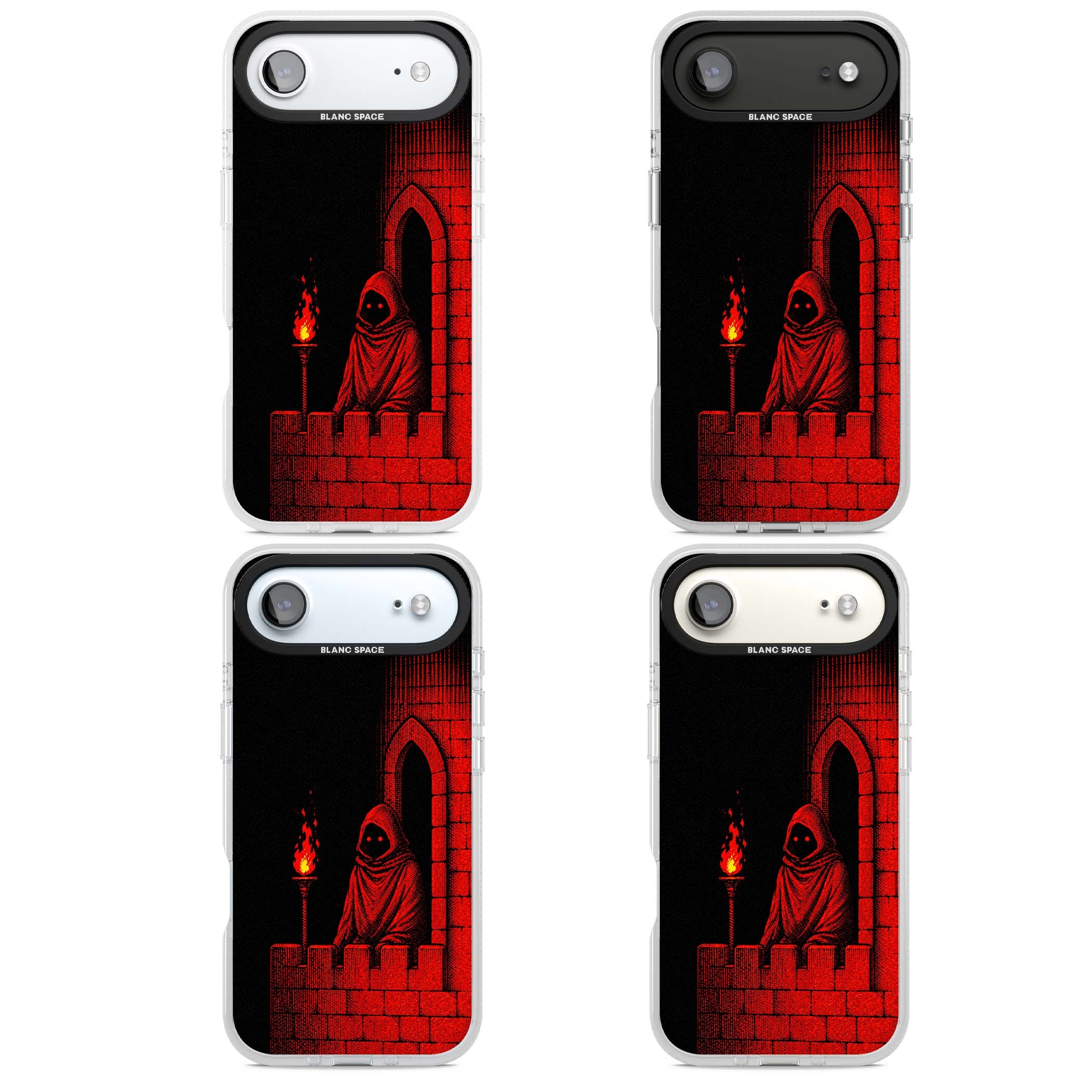 Crimson Crypt gothic iPhone case featuring a hooded reaper, torchlit crypt archway and red halftone horror art | Clear Case Impact Air case for iPhone Air