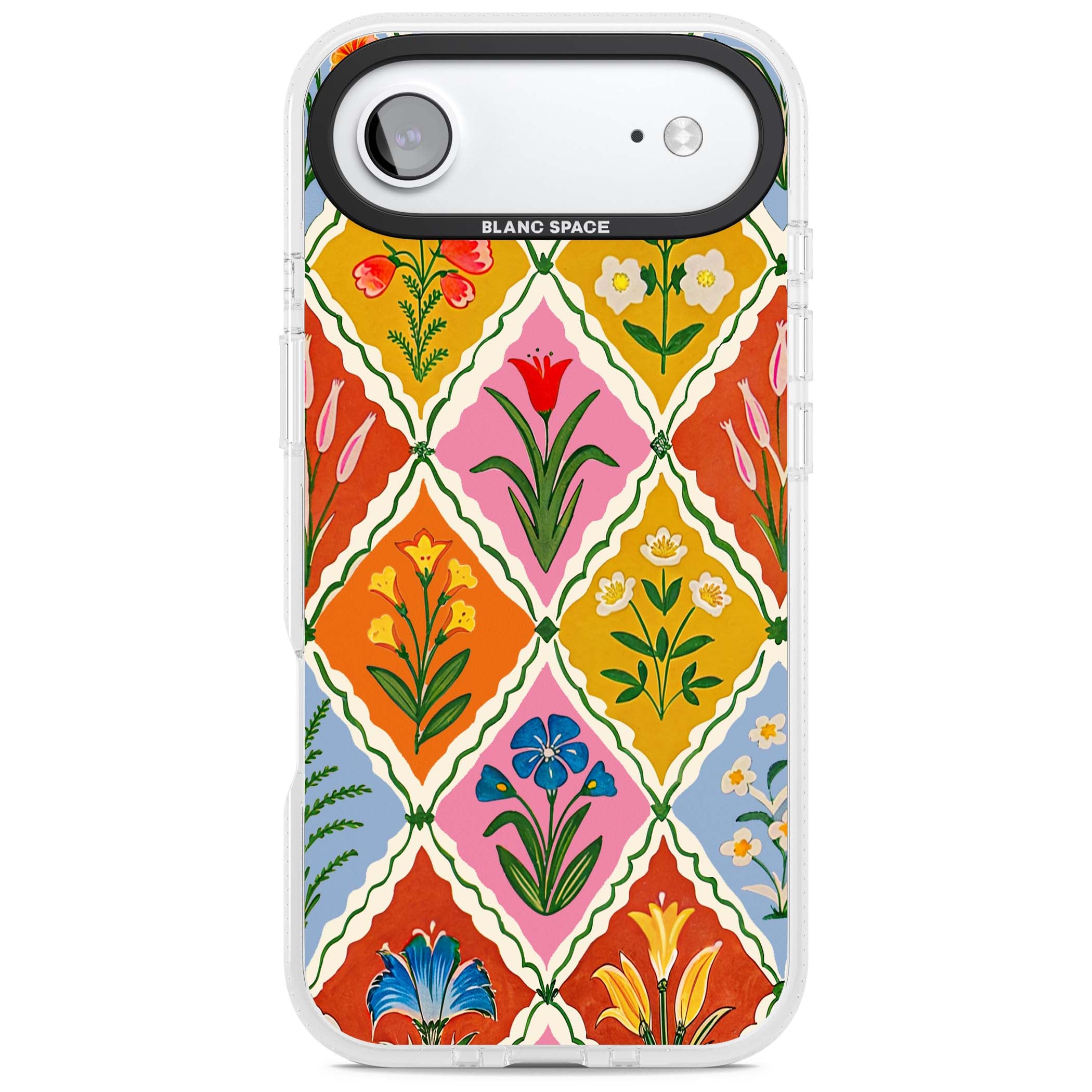 Floral Quilt boho floral iPhone case featuring diamond lattice pattern, hand-painted tulips and folk art wildflowers | Clear Case Impact Air case for iPhone Air