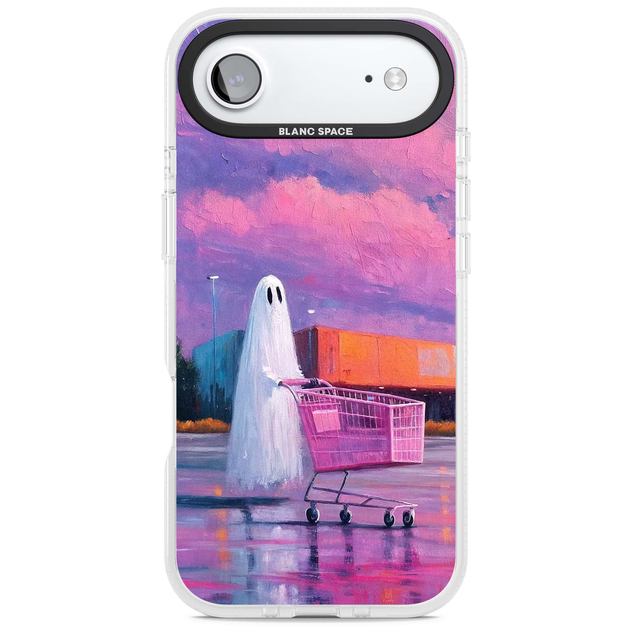 A Ghost's Errand ghost halloween iPhone case featuring a painted ghost, pink shopping trolley and purple sunset sky | Clear Case Impact Air case for iPhone Air