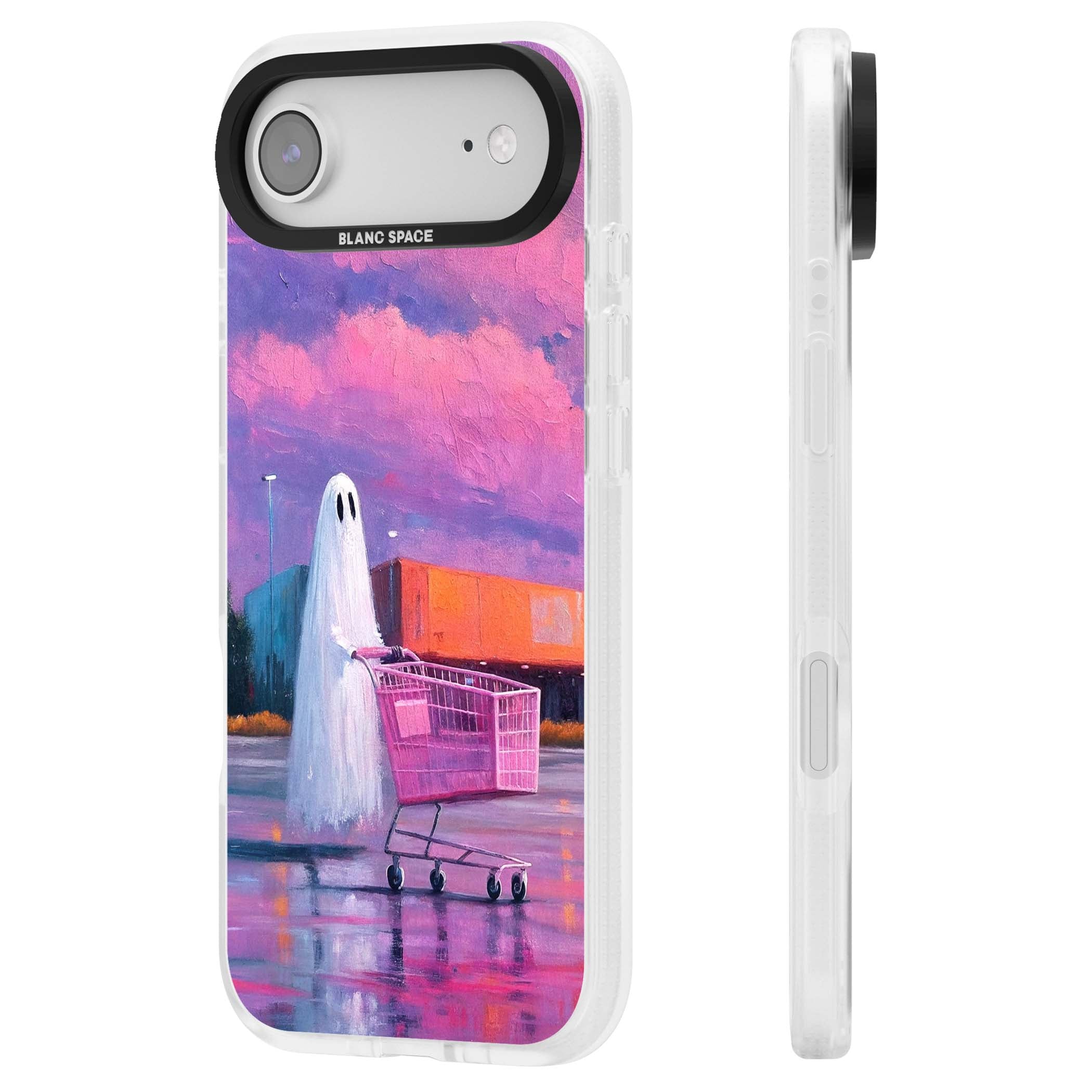 A Ghost's Errand ghost halloween iPhone case featuring a painted ghost, pink shopping trolley and purple sunset sky | Clear Case Impact Air case for iPhone Air