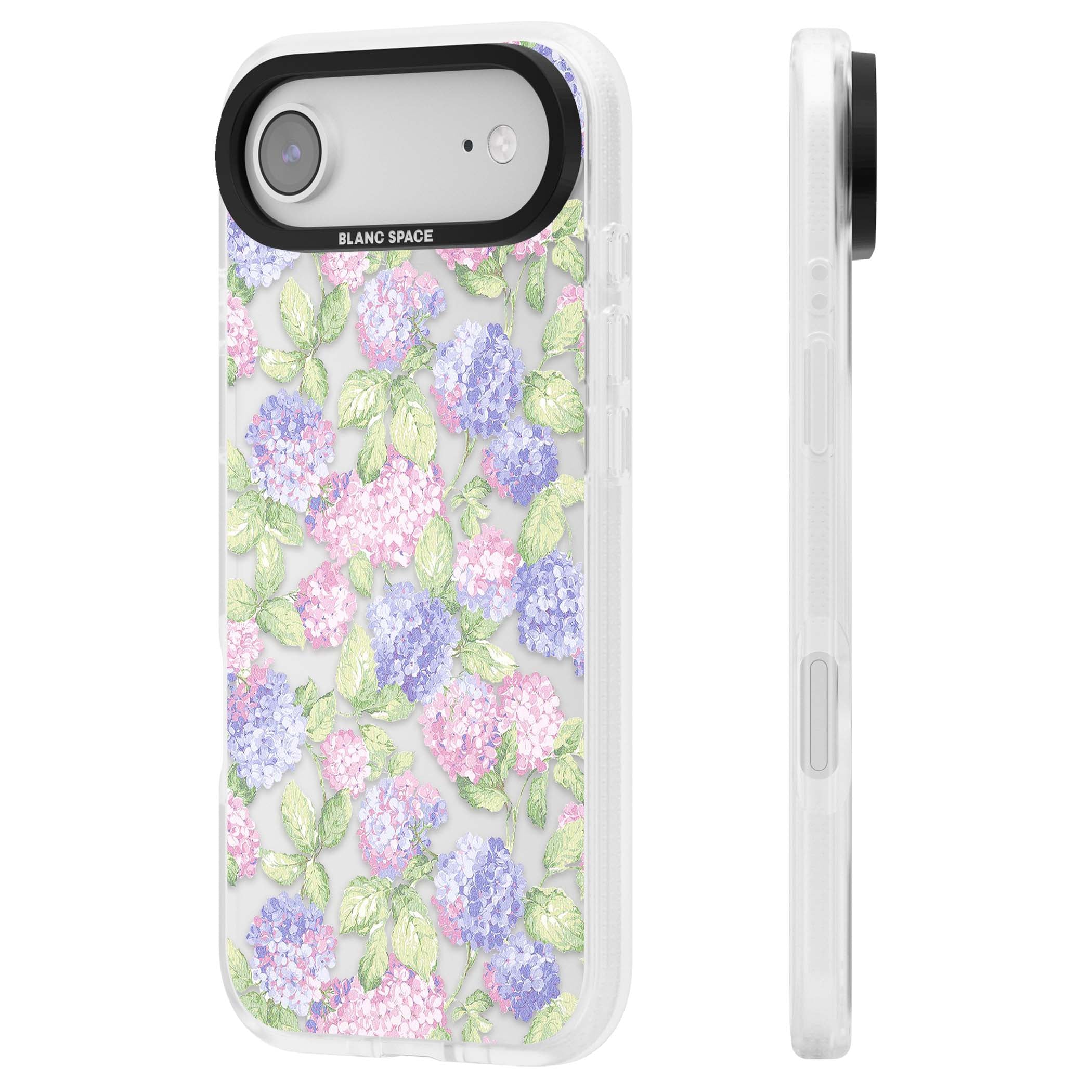 Cottage Hydrangea cottagecore iPhone case featuring pink and purple hydrangea blooms with green leaves on a clear background | Clear Case Impact Air case for iPhone Air