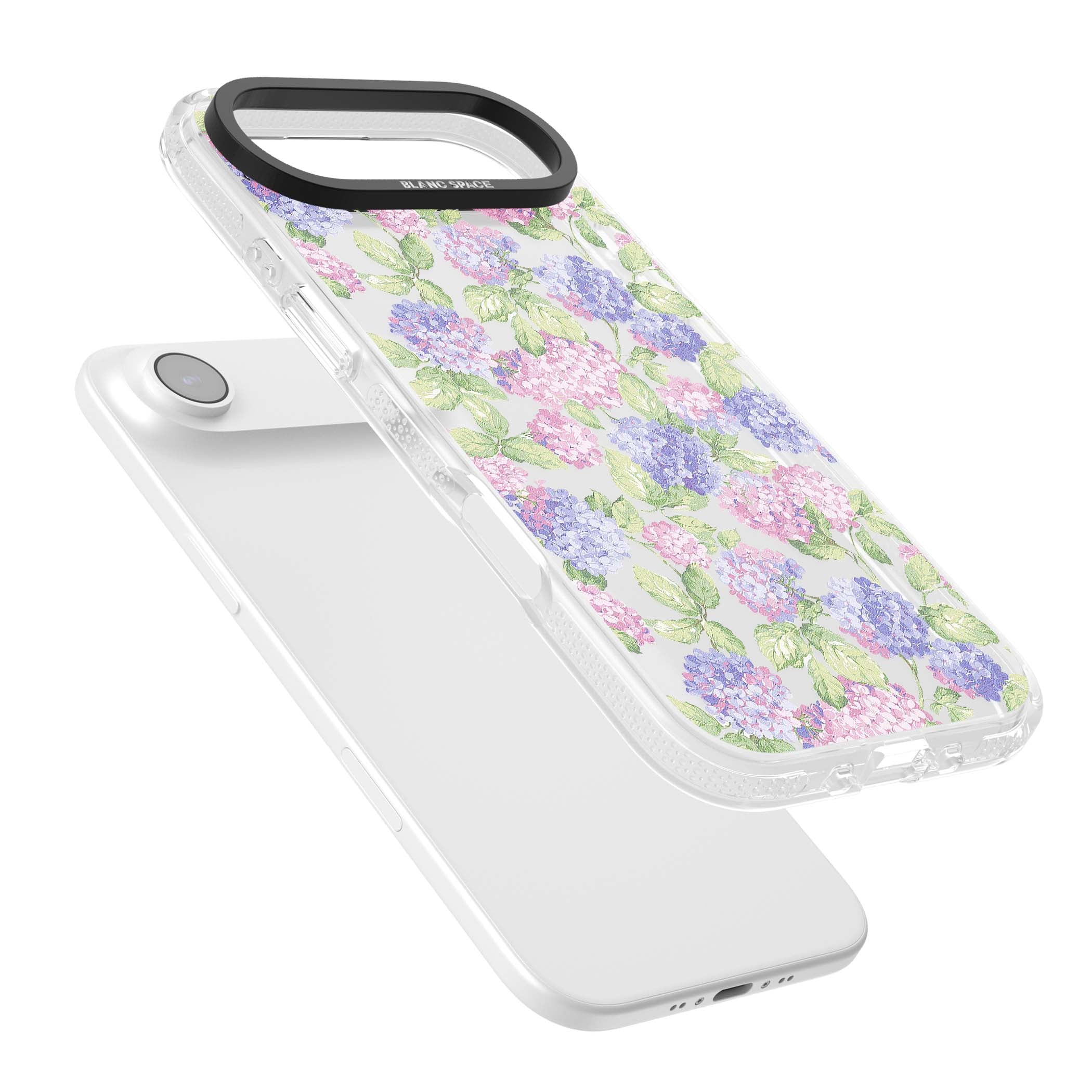 Cottage Hydrangea cottagecore iPhone case featuring pink and purple hydrangea blooms with green leaves on a clear background | Clear Case Impact Air case for iPhone Air