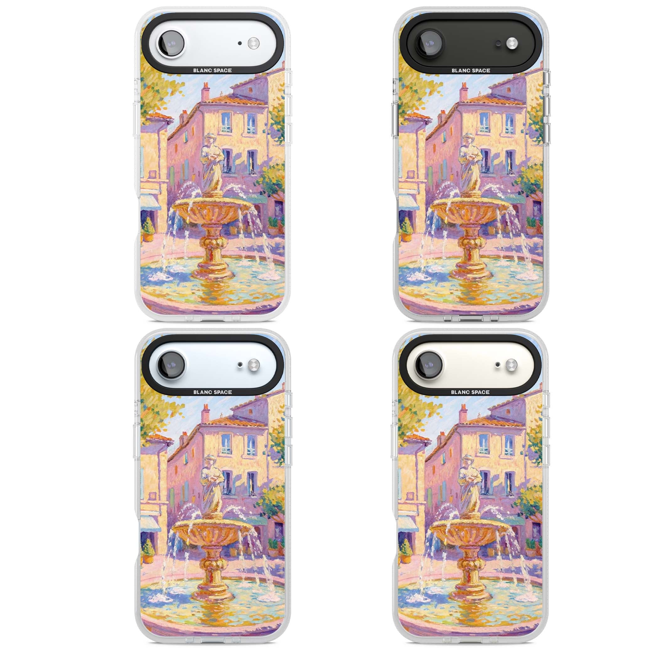 Fountain Square fine art iPhone case featuring an impressionist Provençal fountain, pastel village buildings and summe | Clear Case Impact Air case for iPhone Air