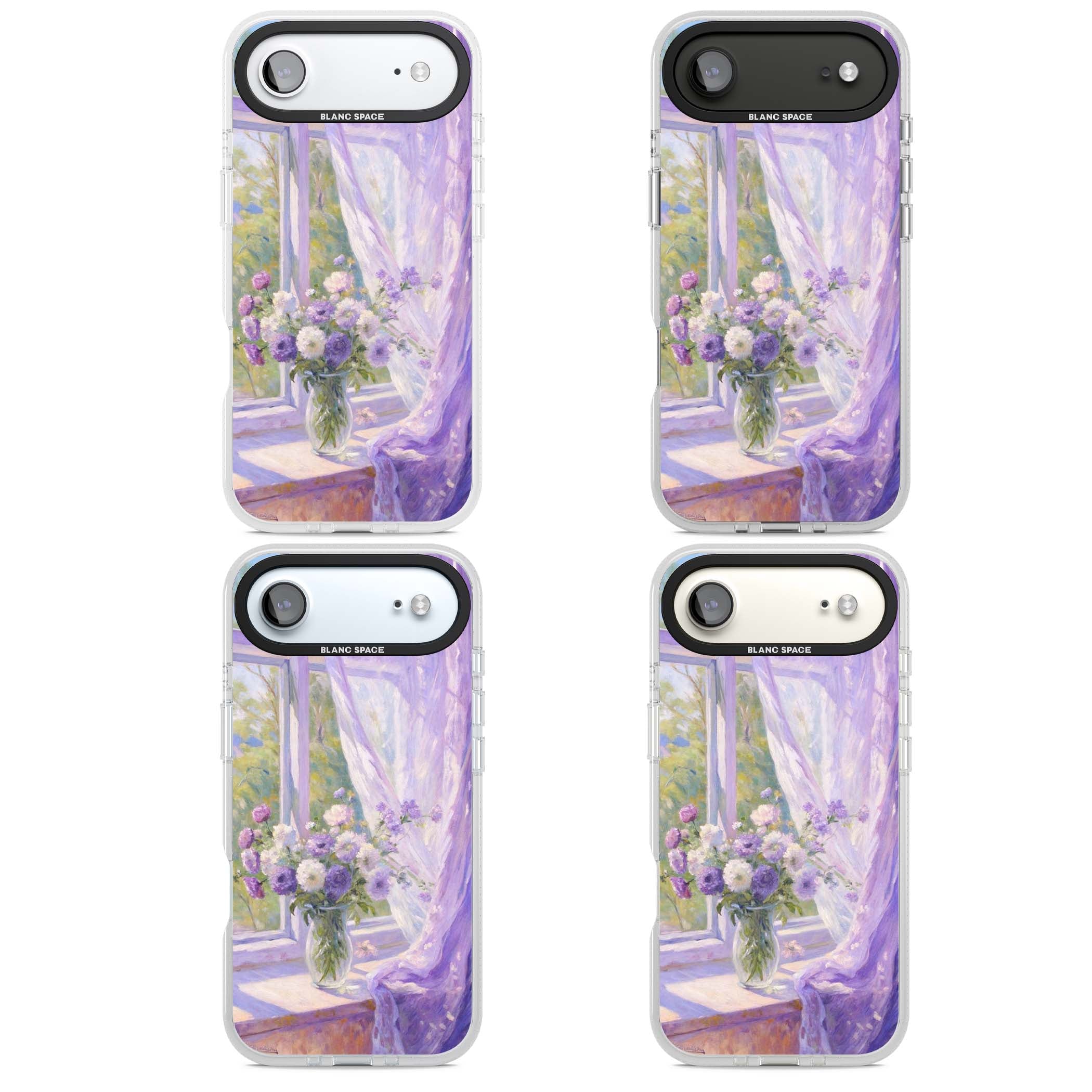 A Provence Morning impressionist art iPhone case featuring a vase of purple flowers, sunlit window and sheer curt | Clear Case Impact Air case for iPhone Air