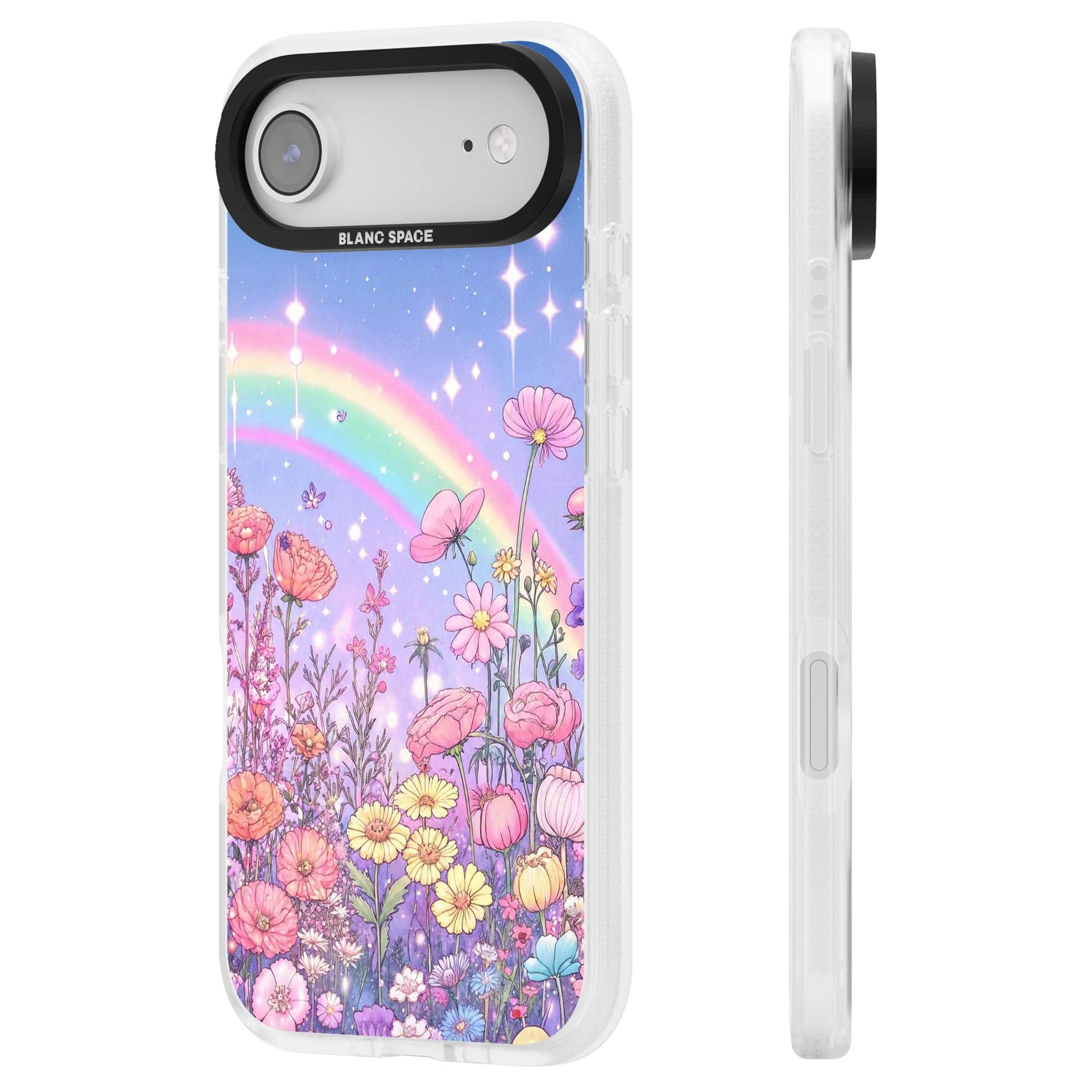 Magical Meadow fairycore iPhone case featuring a pastel rainbow, sparkling stars and a wildflower meadow | Clear Case Impact Air case for iPhone Air