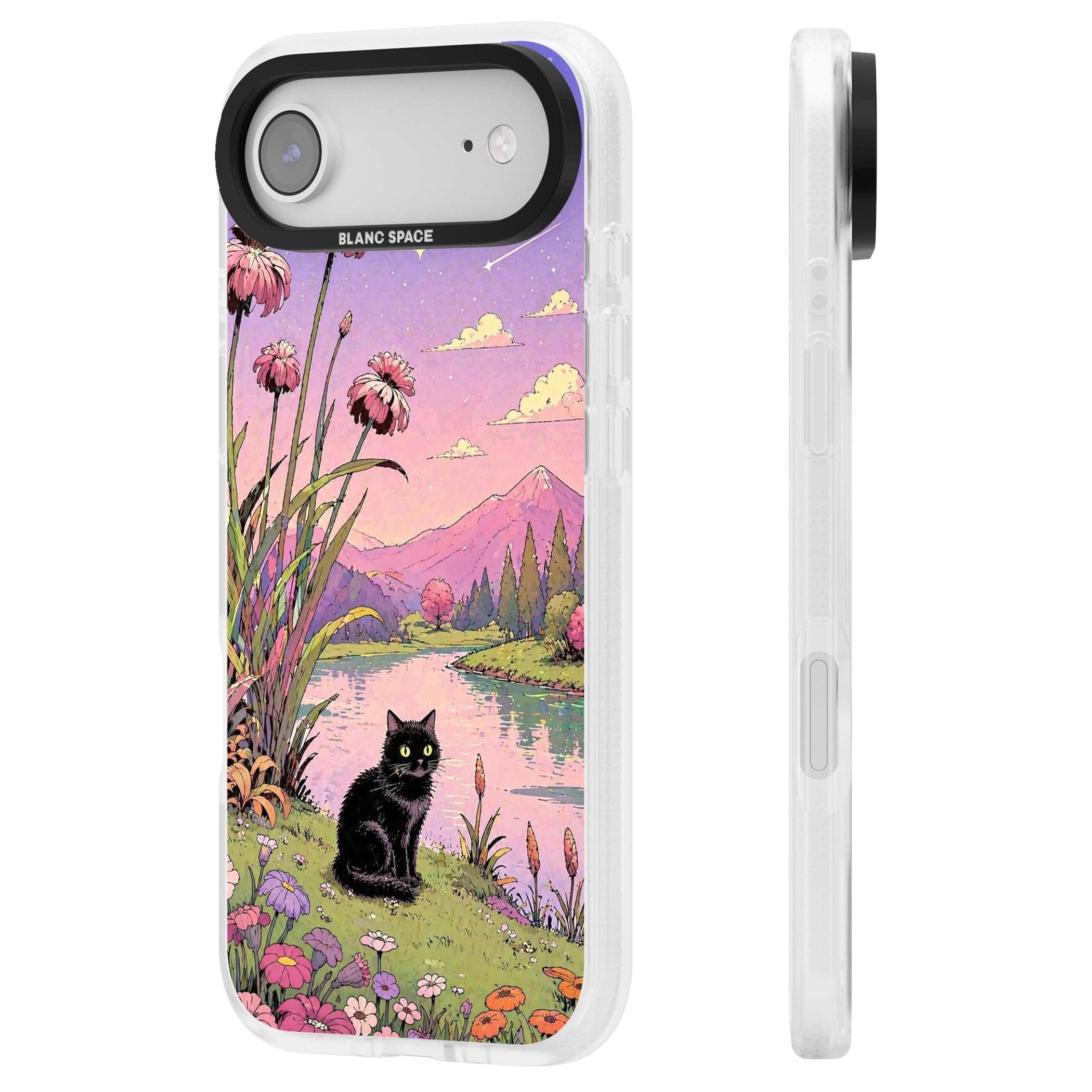 Mystic Whiskers ghibli iPhone case featuring a black cat by a pastel lake, wildflowers and a starry sunset sky | Clear Case Impact Air case for iPhone Air