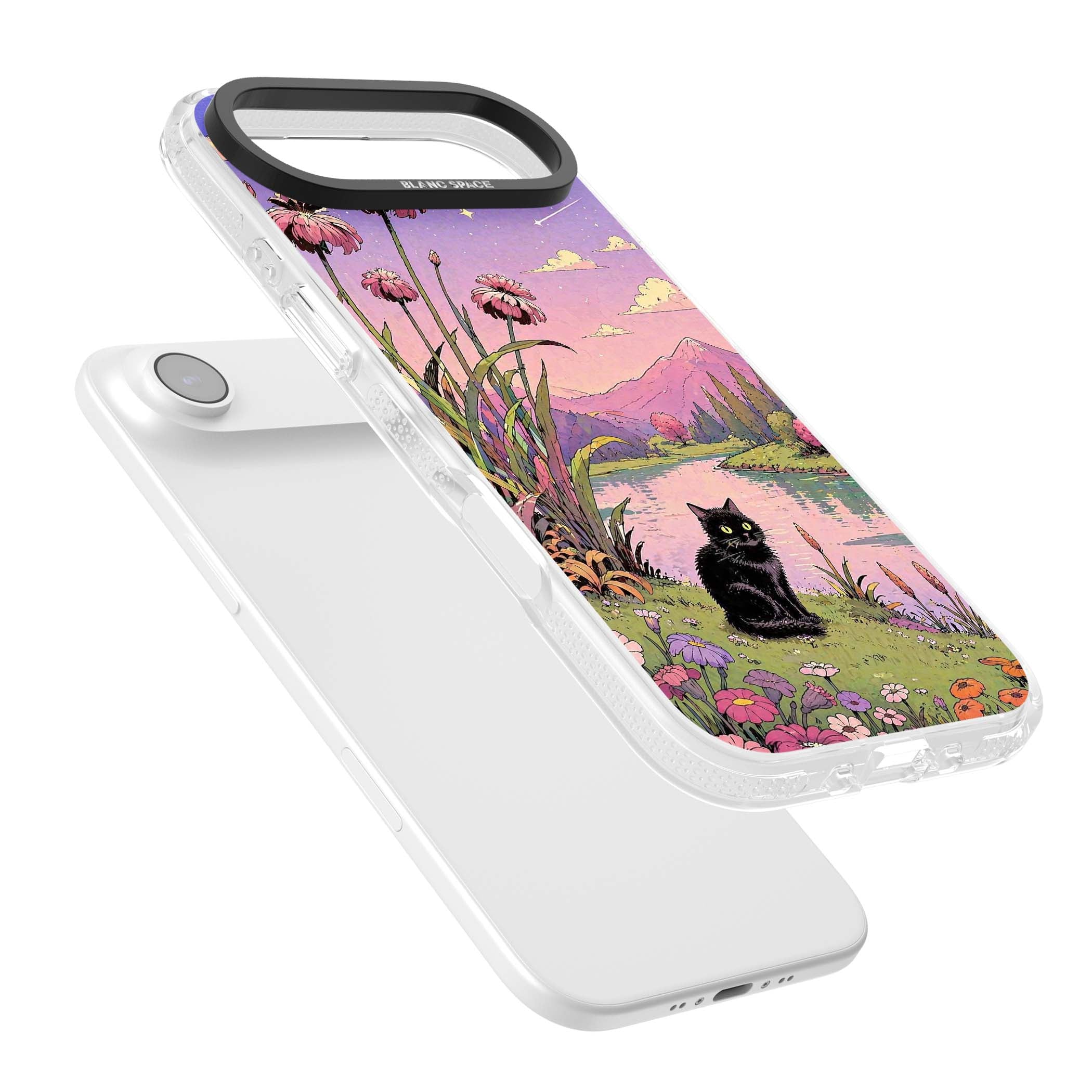 Mystic Whiskers ghibli iPhone case featuring a black cat by a pastel lake, wildflowers and a starry sunset sky | Clear Case Impact Air case for iPhone Air