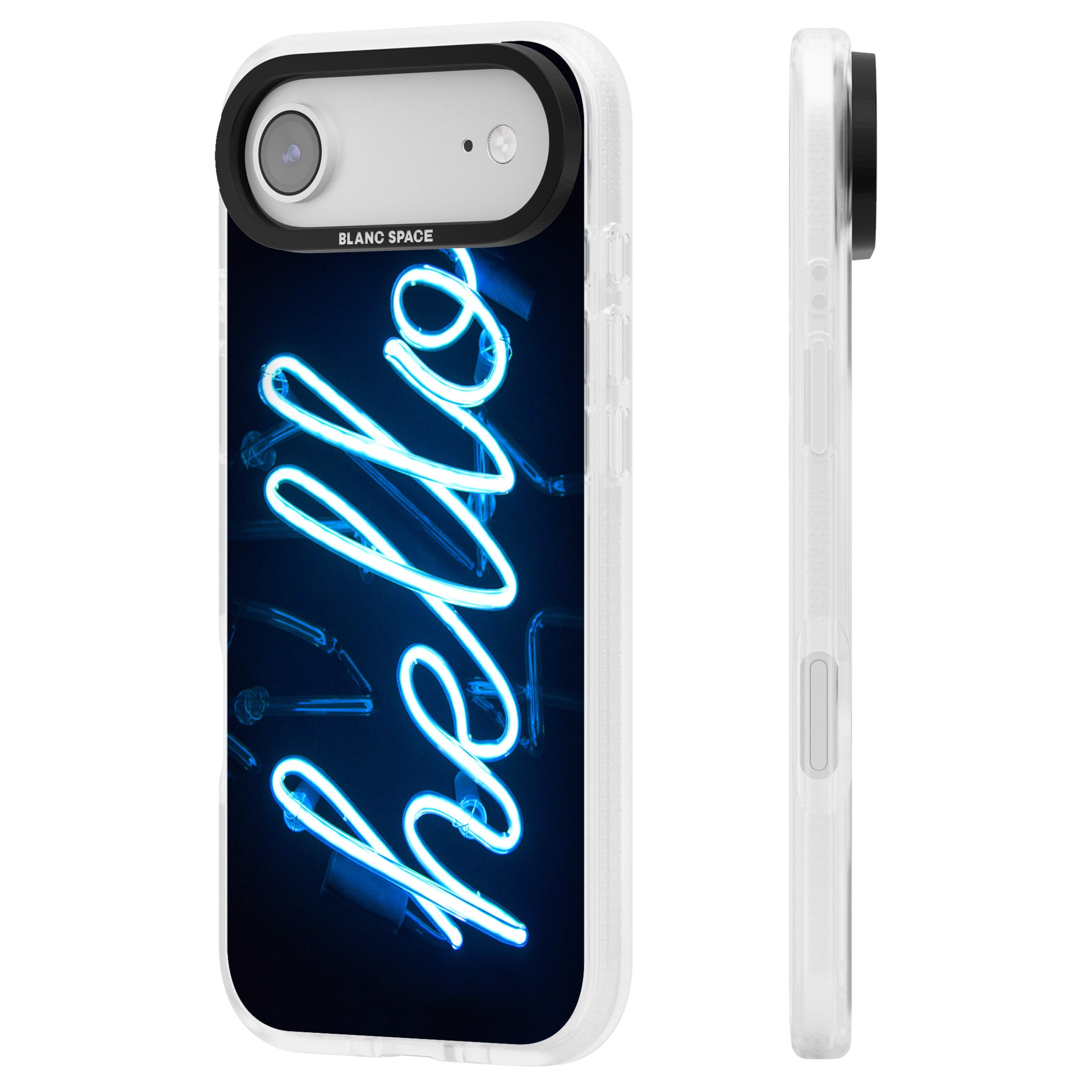 Hello Neon Sign iPhone 17 Air Impact Air Clear Phone Case Side Profile