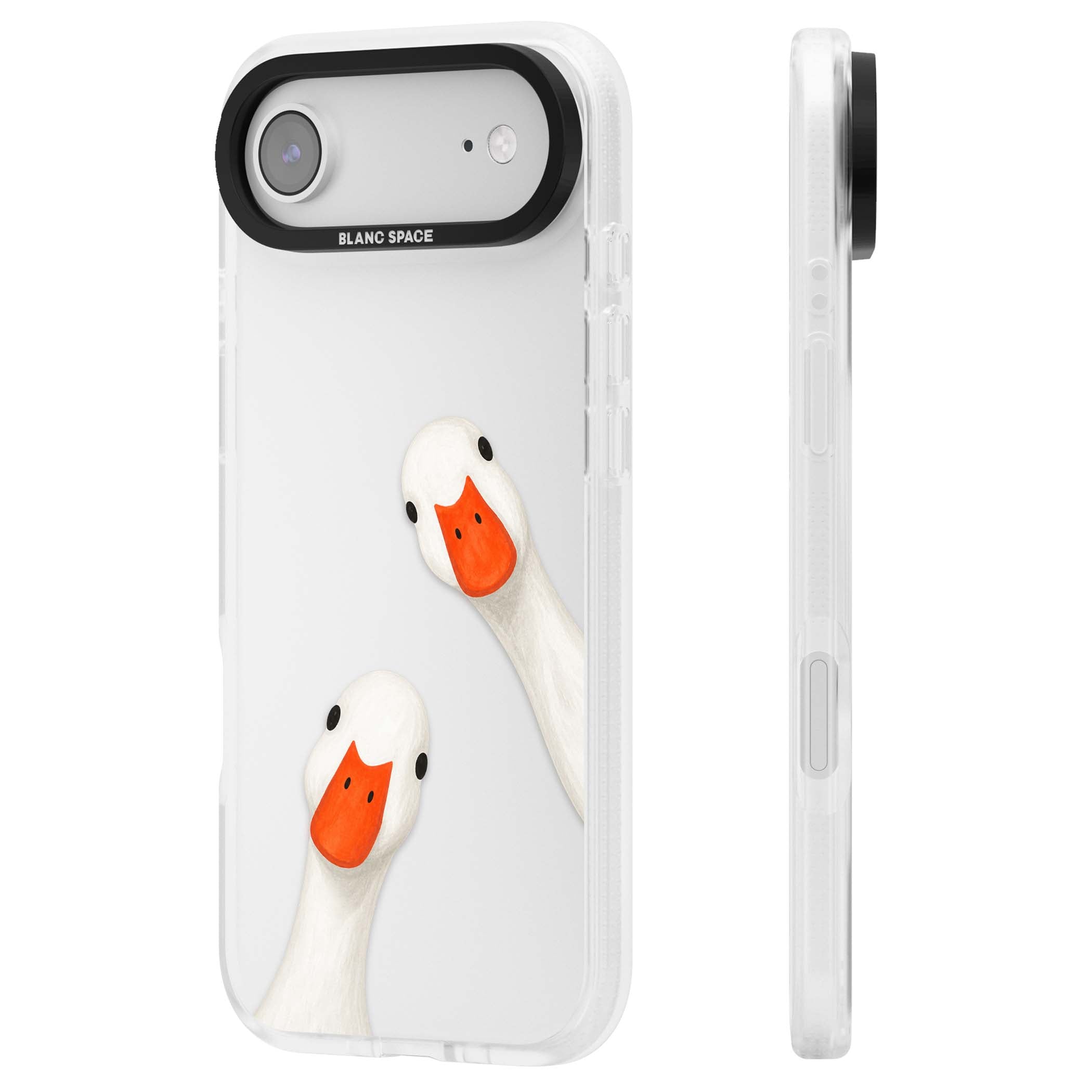 Nosy Ducks cottagecore iPhone case featuring two peeking white ducks with orange beaks on a clear background | Clear Case Impact Air case for iPhone Air