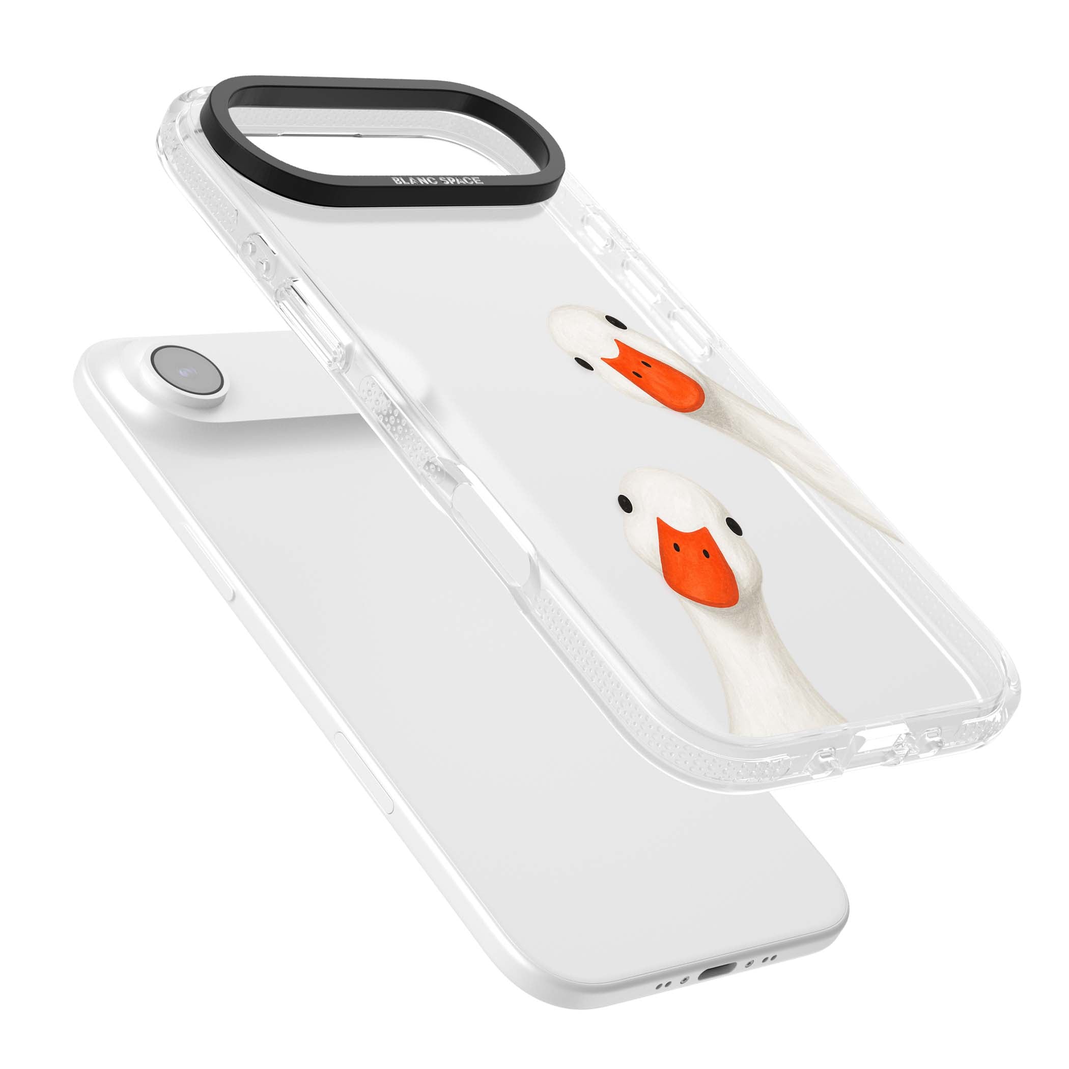 Nosy Ducks cottagecore iPhone case featuring two peeking white ducks with orange beaks on a clear background | Clear Case Impact Air case for iPhone Air