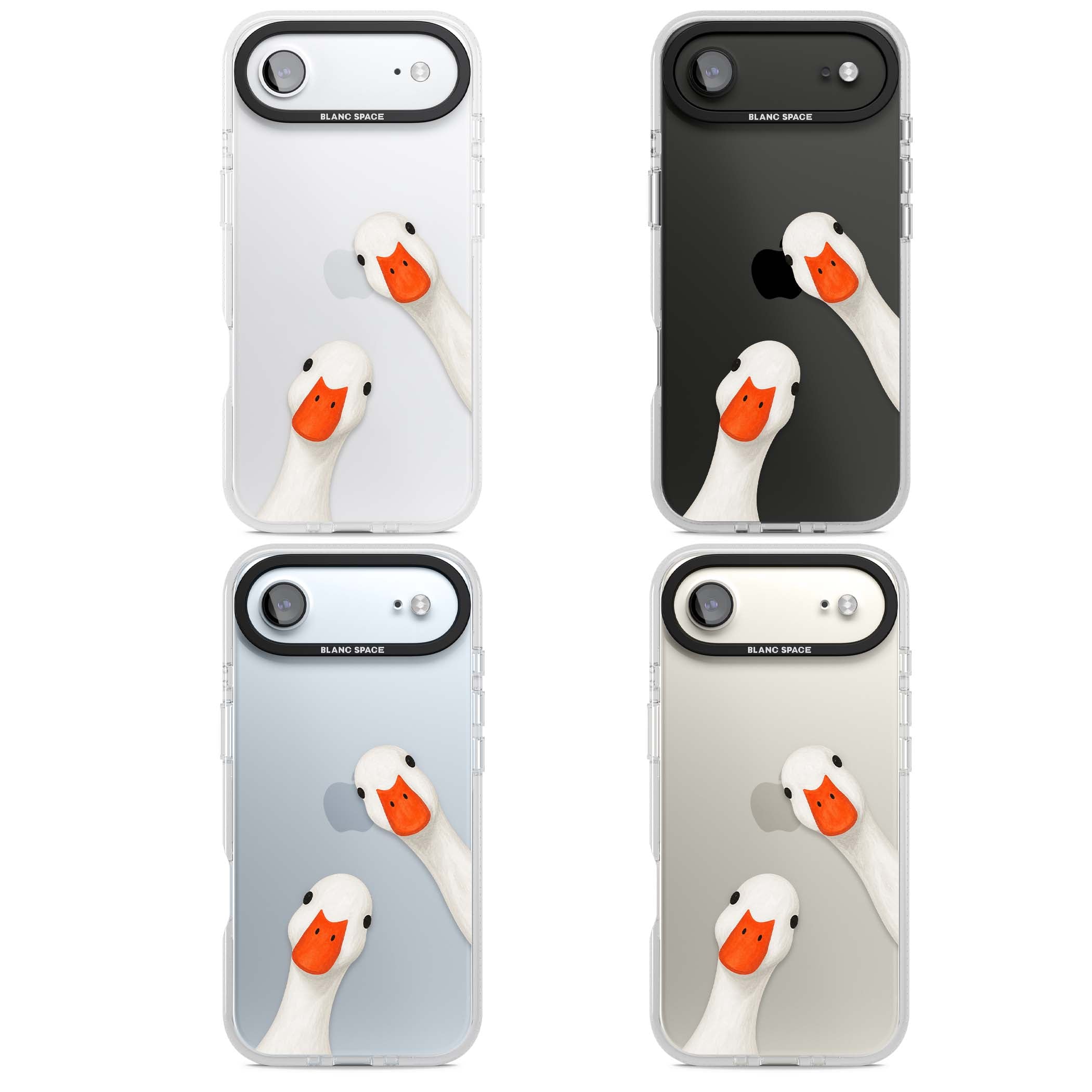 Nosy Ducks cottagecore iPhone case featuring two peeking white ducks with orange beaks on a clear background | Clear Case Impact Air case for iPhone Air