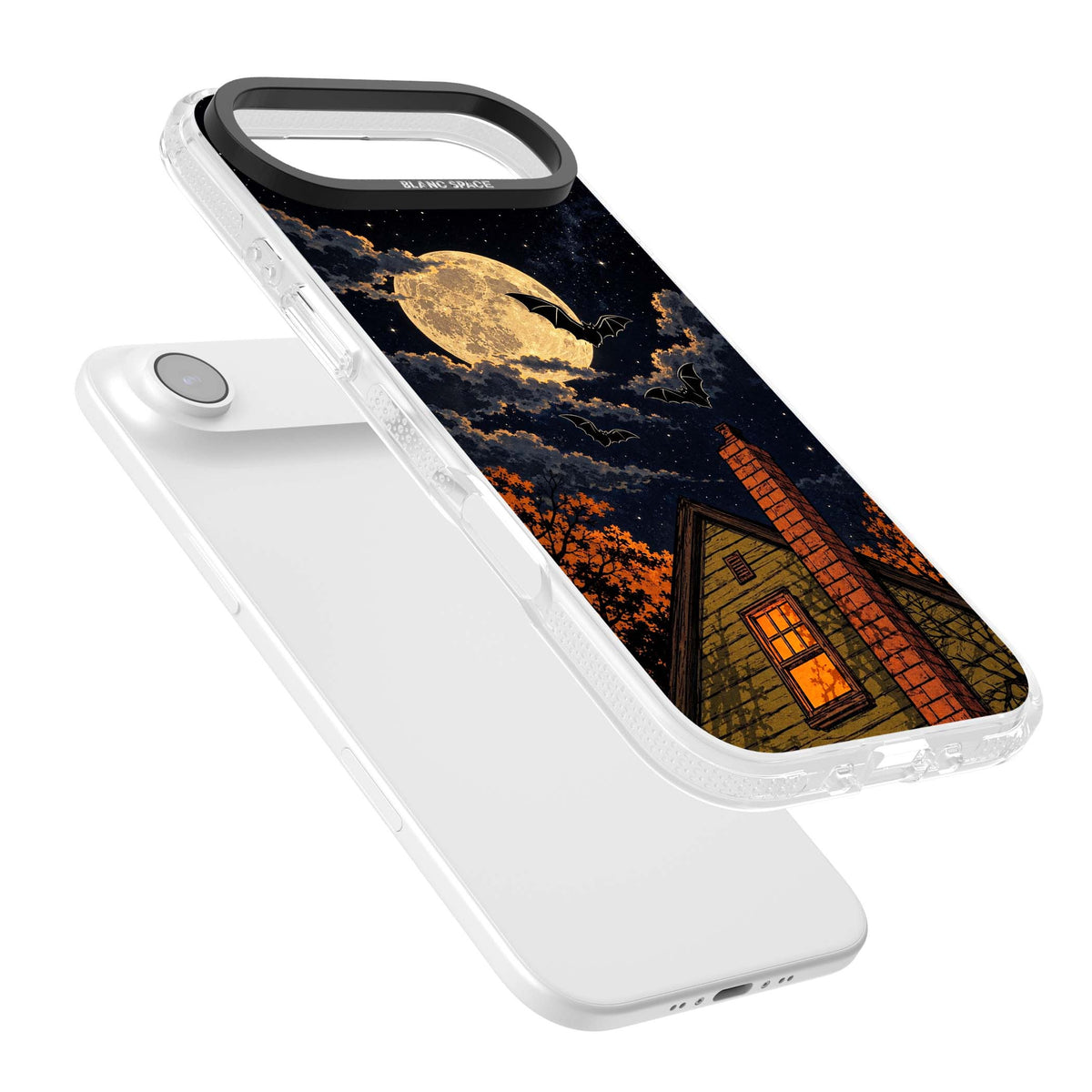 Hollows Eve Halloween iPhone case featuring a haunted house, full moon and flying bats against a starry autumn sky | Clear Case Impact Air case for iPhone Air