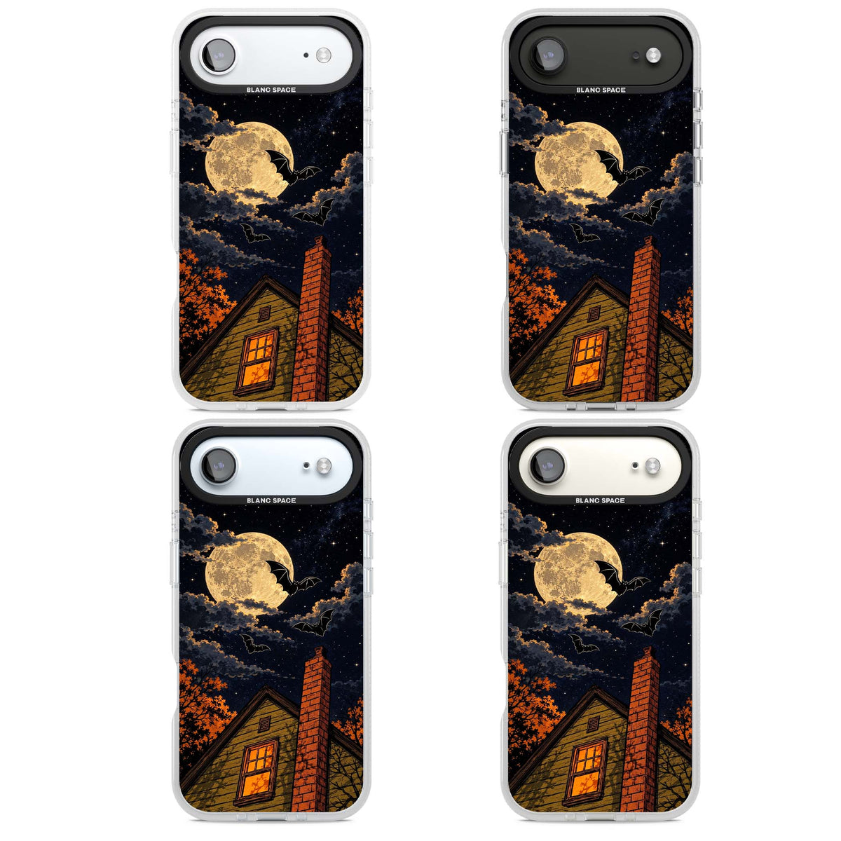 Hollows Eve Halloween iPhone case featuring a haunted house, full moon and flying bats against a starry autumn sky | Clear Case Impact Air case for iPhone Air