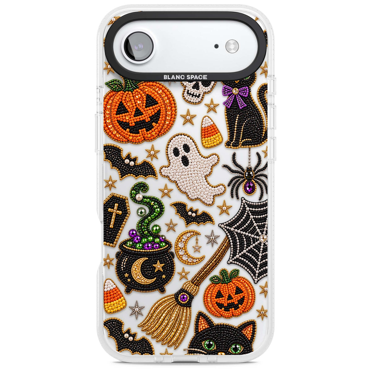 Beaded Halloween Halloween iPhone case featuring beaded pumpkins, ghosts, black cats and bats | Clear Case Impact Air case for iPhone Air
