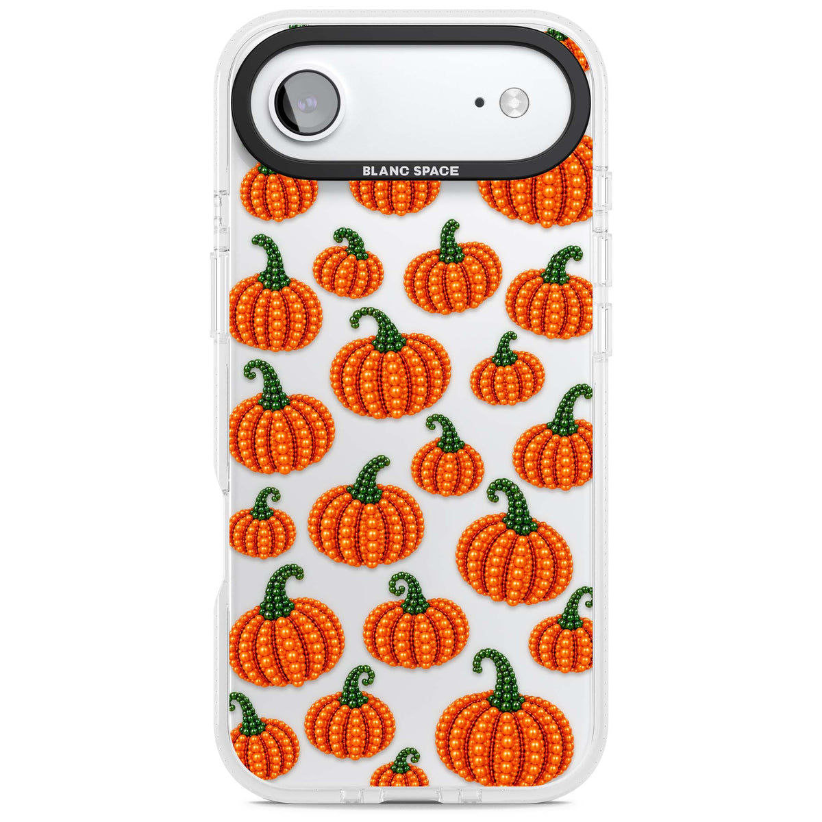 Beaded Pumpkins halloween iPhone case featuring beaded orange pumpkins with green stems on a clear background | Clear Case Impact Air case for iPhone Air