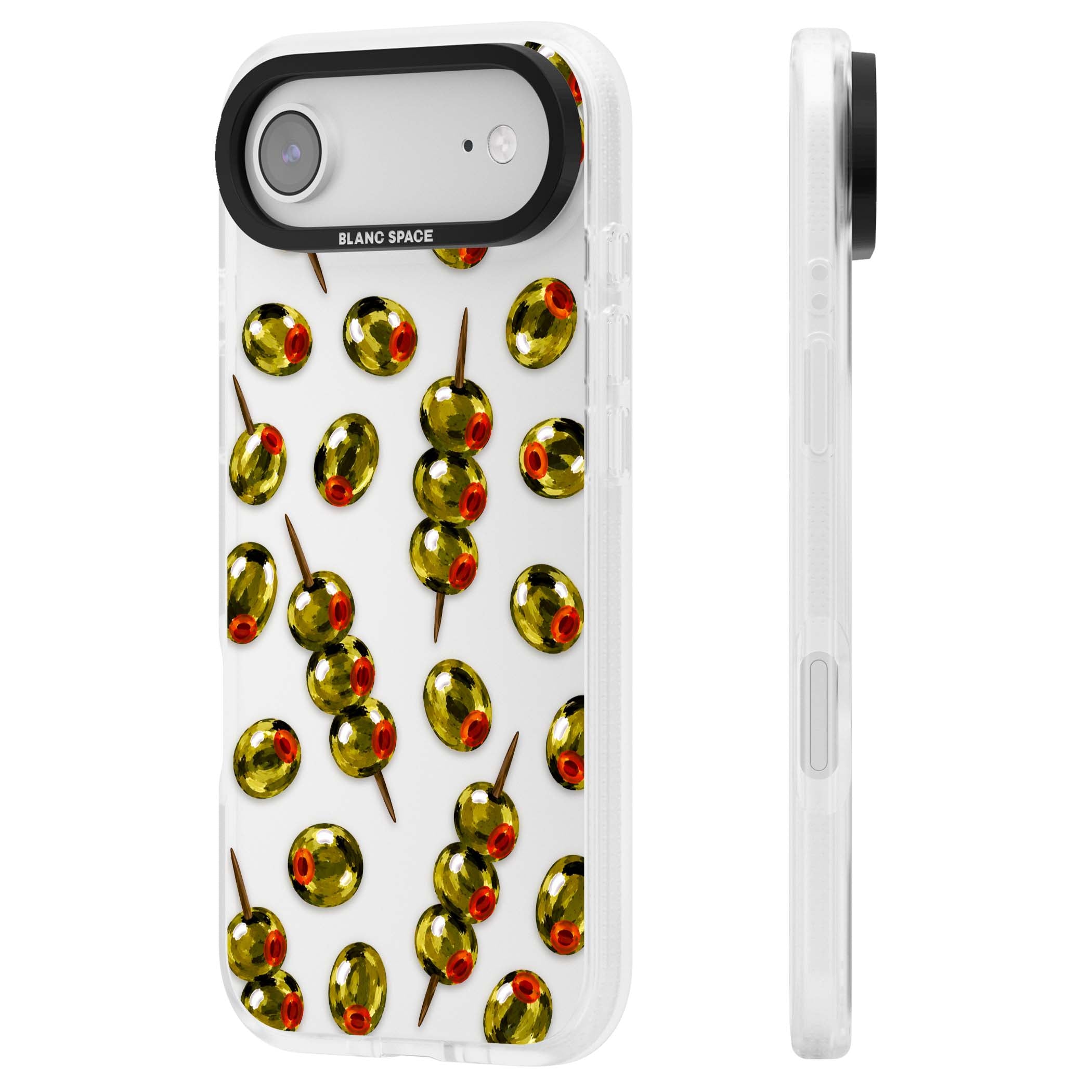 Painted Olives cocktail iPhone case featuring green olives, pimento centres and toothpick skewers on a clear background | Clear Case Impact Air case for iPhone Air