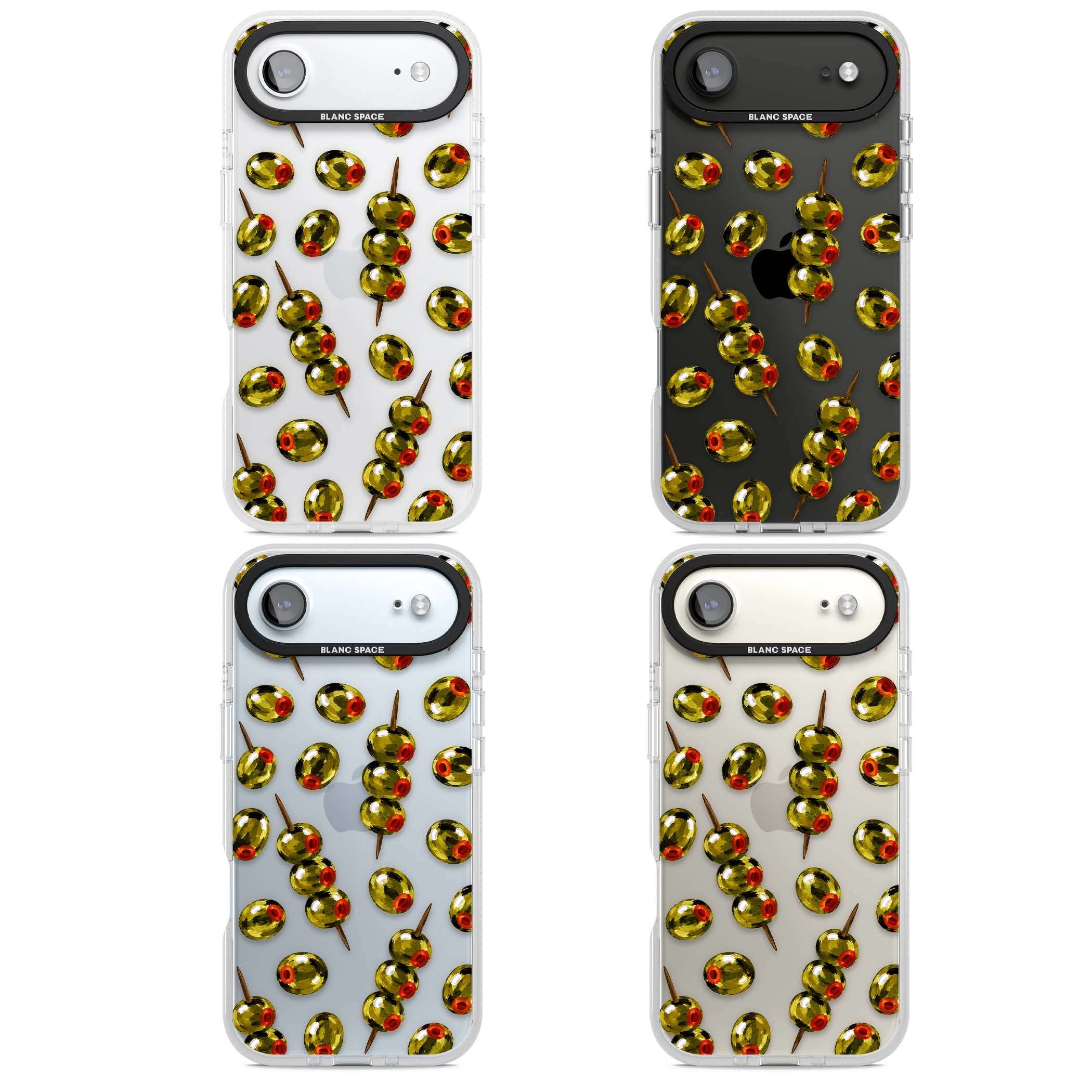 Painted Olives cocktail iPhone case featuring green olives, pimento centres and toothpick skewers on a clear background | Clear Case Impact Air case for iPhone Air