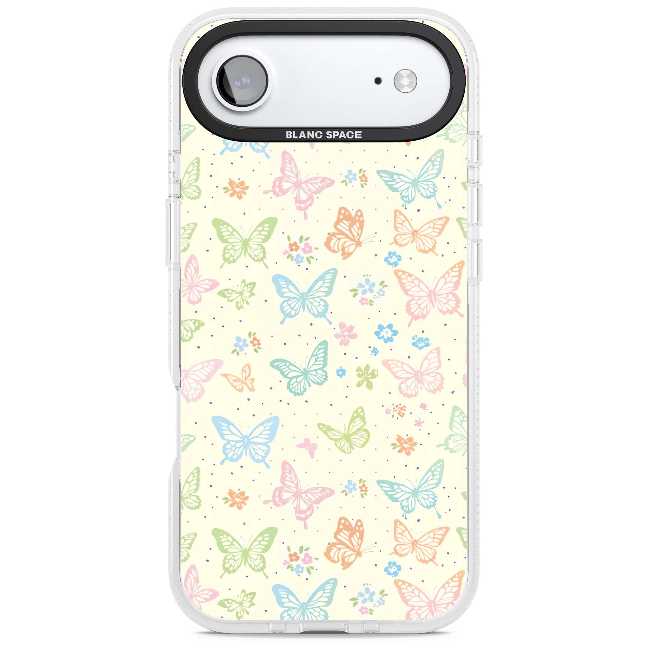 Sugar Wings cottagecore iPhone case featuring rainbow pastel butterflies, tiny wildflowers, and a cream background | Clear Case Impact Air case for iPhone Air