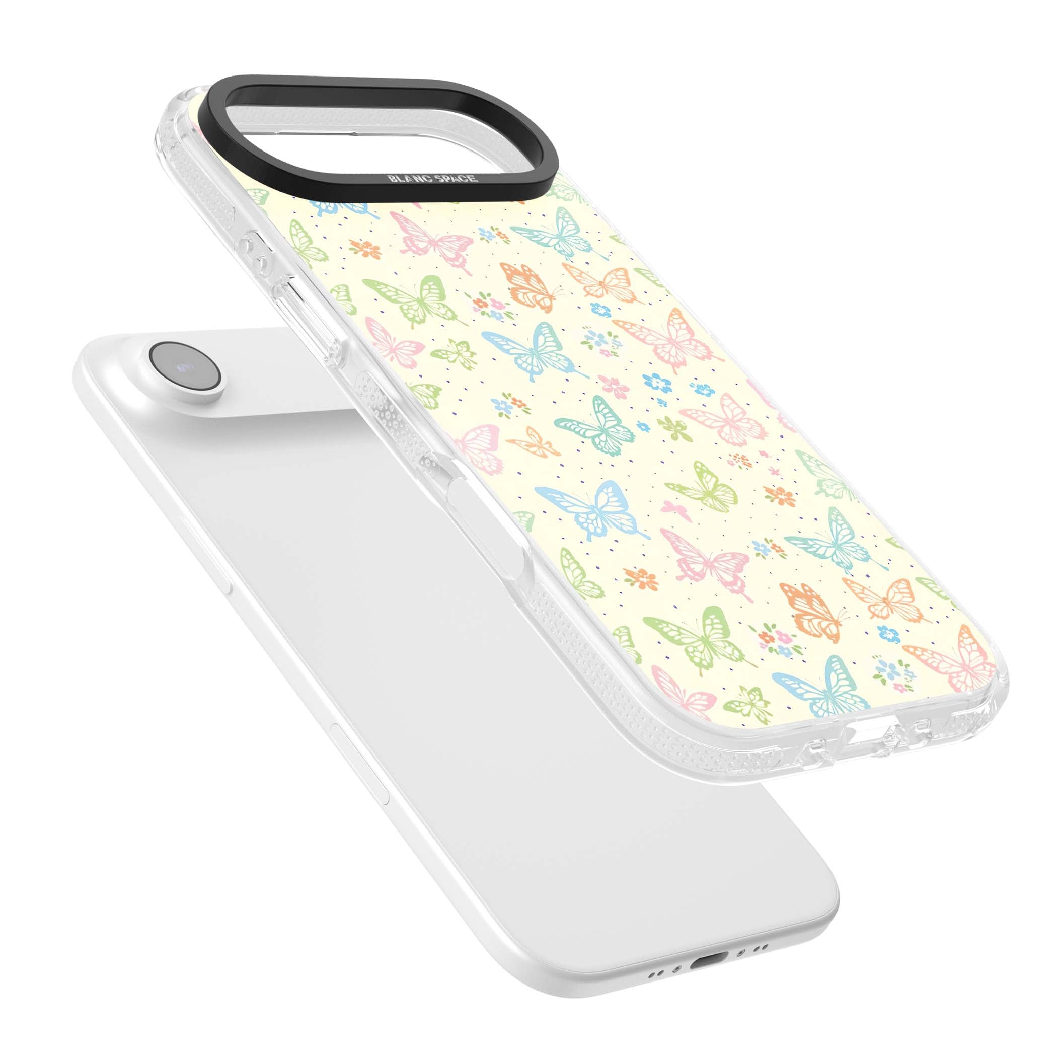 Sugar Wings cottagecore iPhone case featuring rainbow pastel butterflies, tiny wildflowers, and a cream background | Clear Case Impact Air case for iPhone Air
