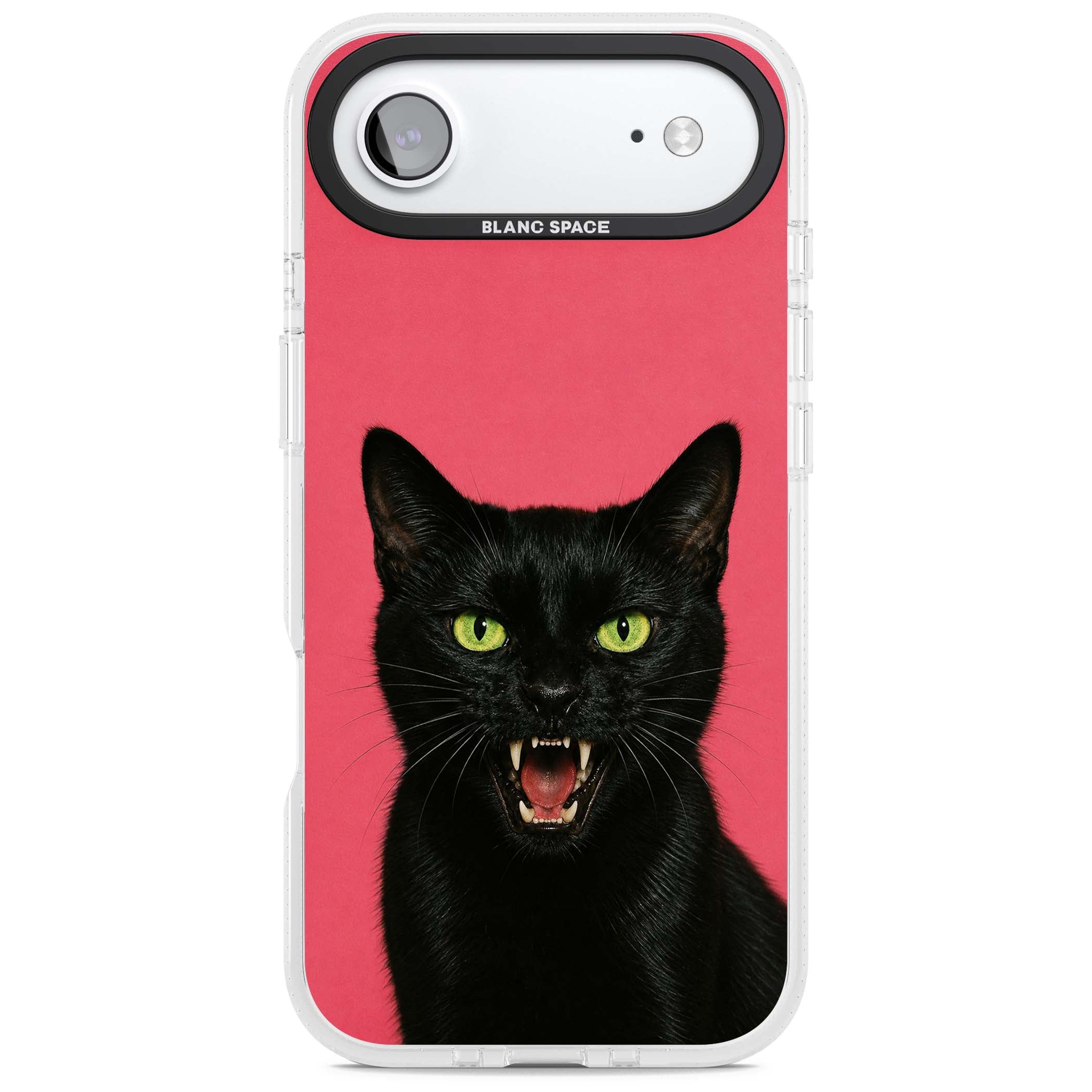 Hissin' Baddie black cat iPhone case featuring a hissing feline with green eyes on a hot pink background | Clear Case Impact Air case for iPhone Air