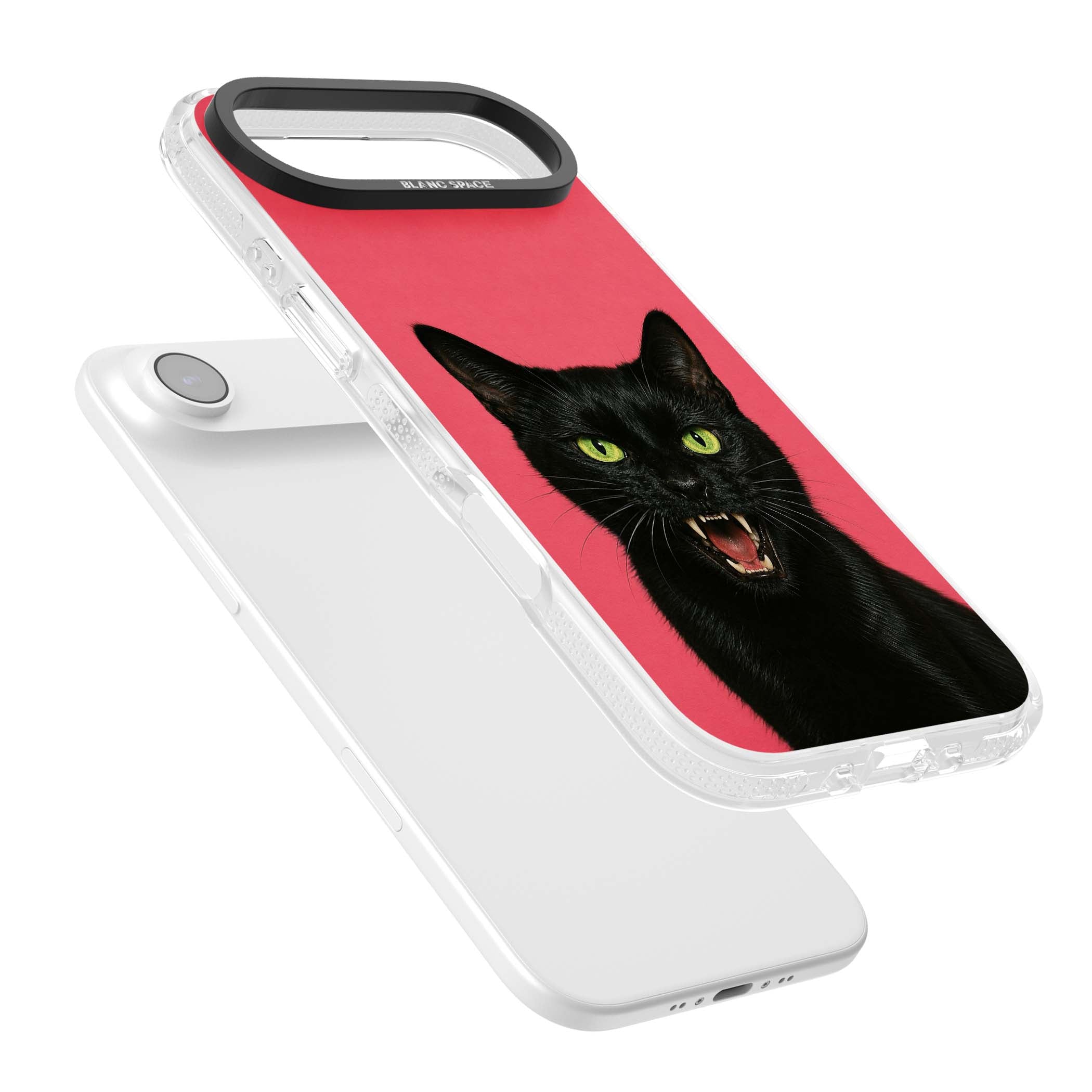 Hissin' Baddie black cat iPhone case featuring a hissing feline with green eyes on a hot pink background | Clear Case Impact Air case for iPhone Air