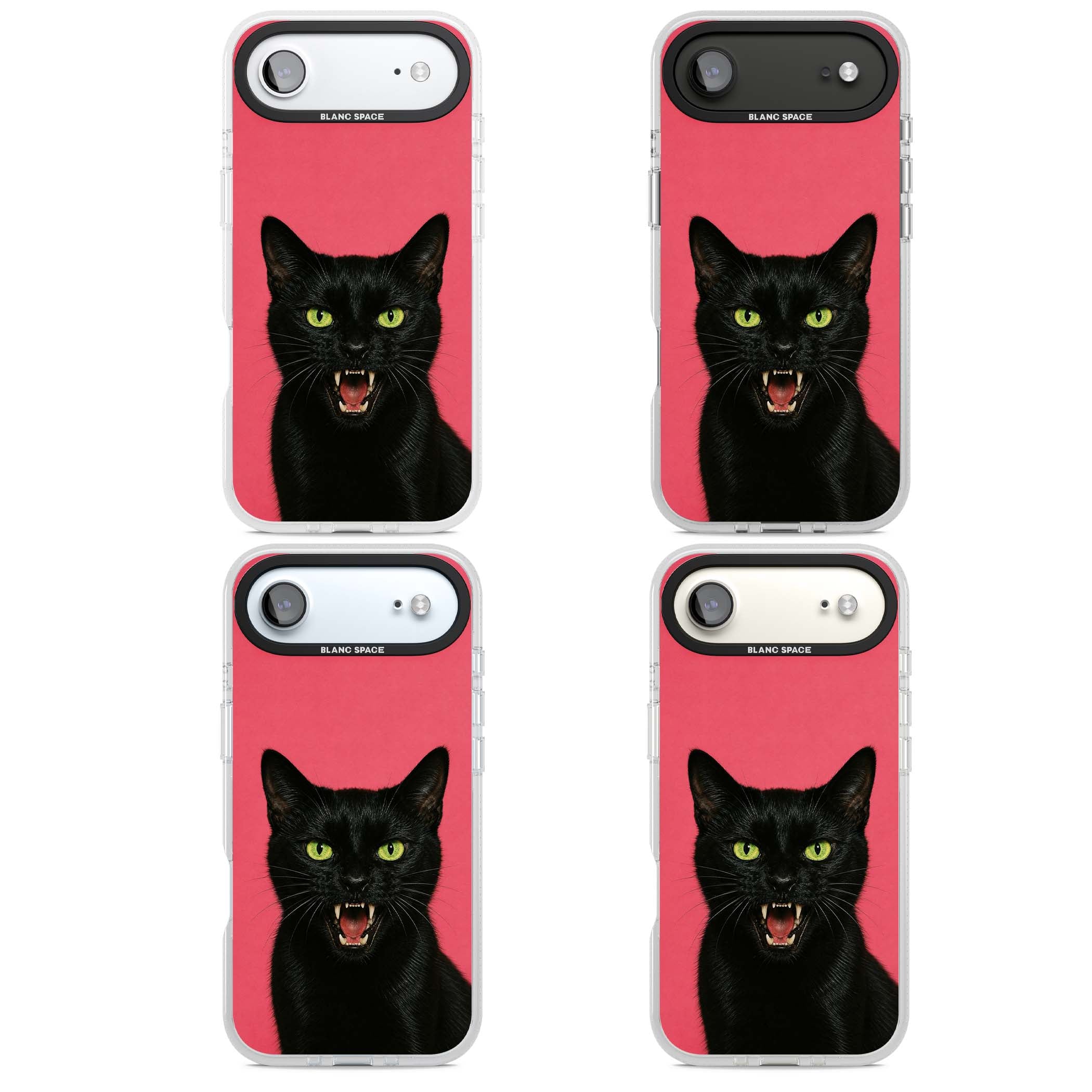 Hissin' Baddie black cat iPhone case featuring a hissing feline with green eyes on a hot pink background | Clear Case Impact Air case for iPhone Air