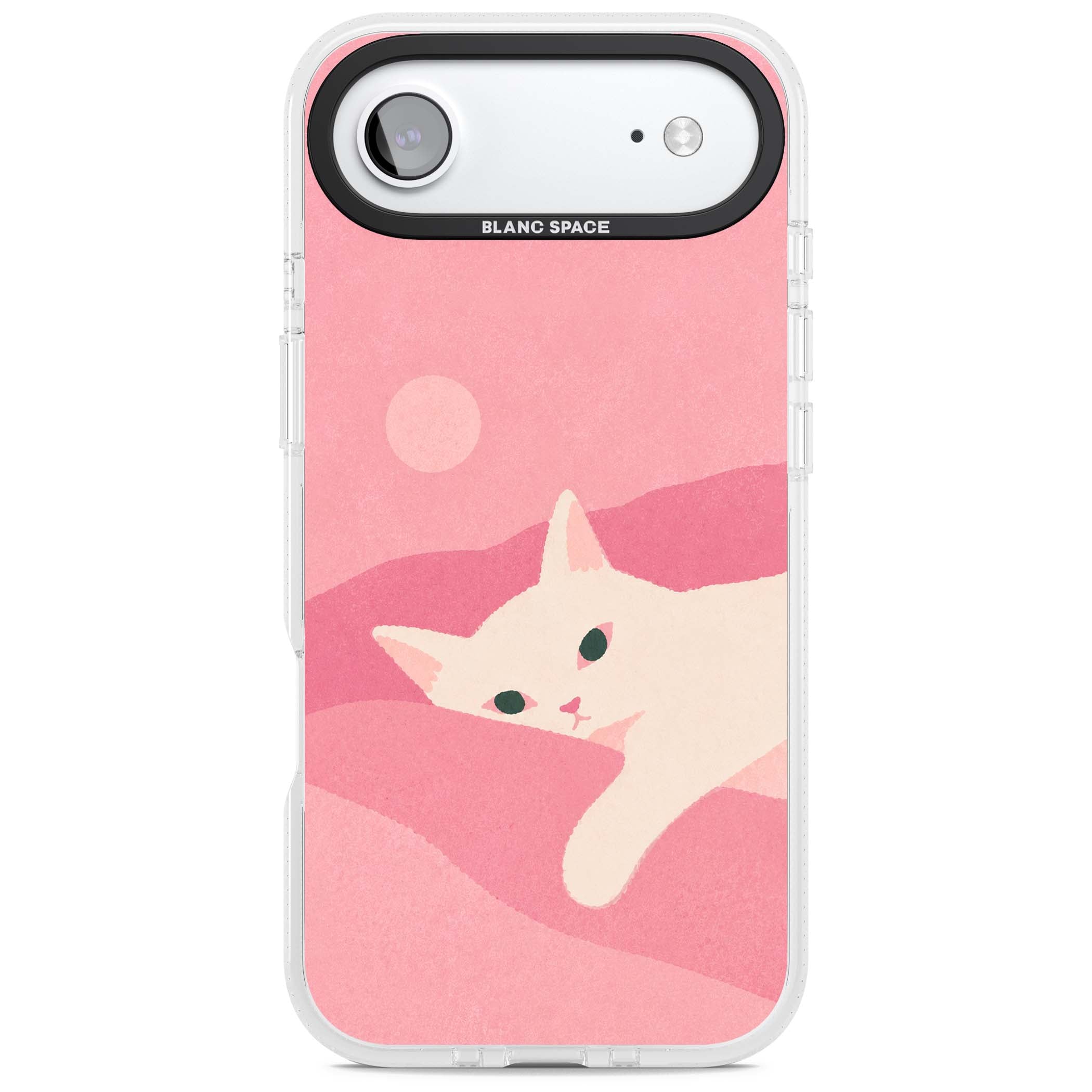 Pink Dreams cute cat iPhone case featuring a white kitten, soft pink hills and a pale pastel sun | Clear Case Impact Air case for iPhone Air
