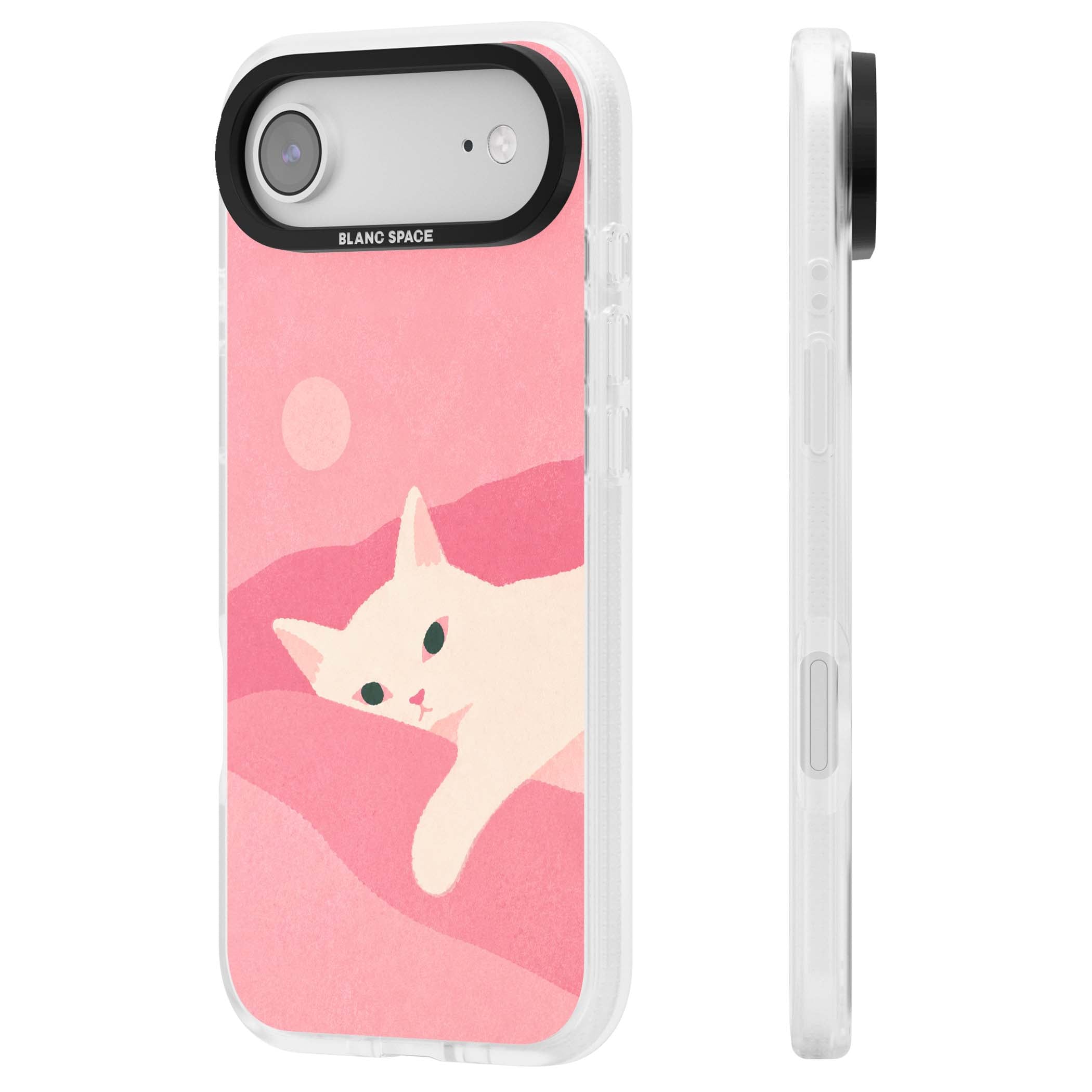 Pink Dreams cute cat iPhone case featuring a white kitten, soft pink hills and a pale pastel sun | Clear Case Impact Air case for iPhone Air