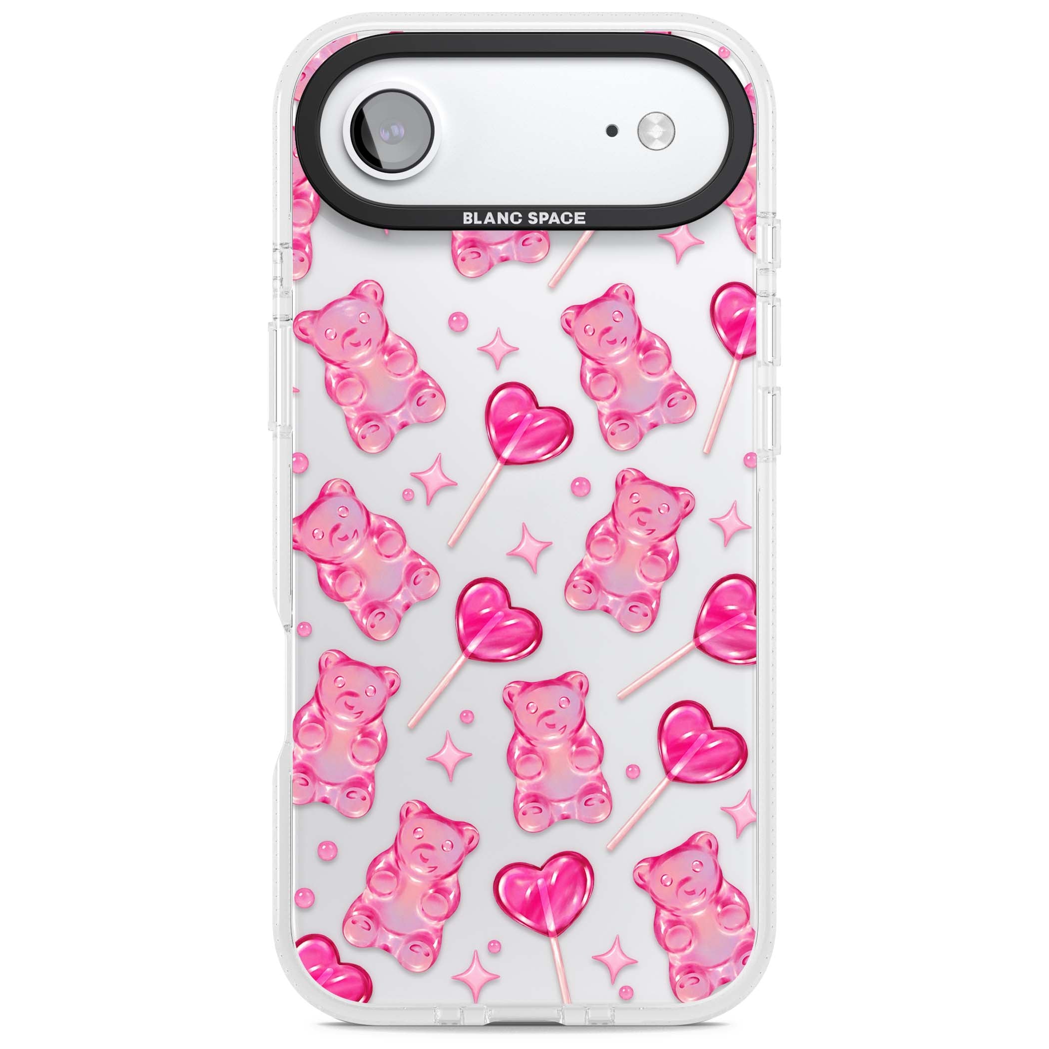 Pink Sugar pinkcore iPhone case featuring pink gummy bears, heart-shaped lollipops and sparkle stars | Clear Case Impact Air case for iPhone Air