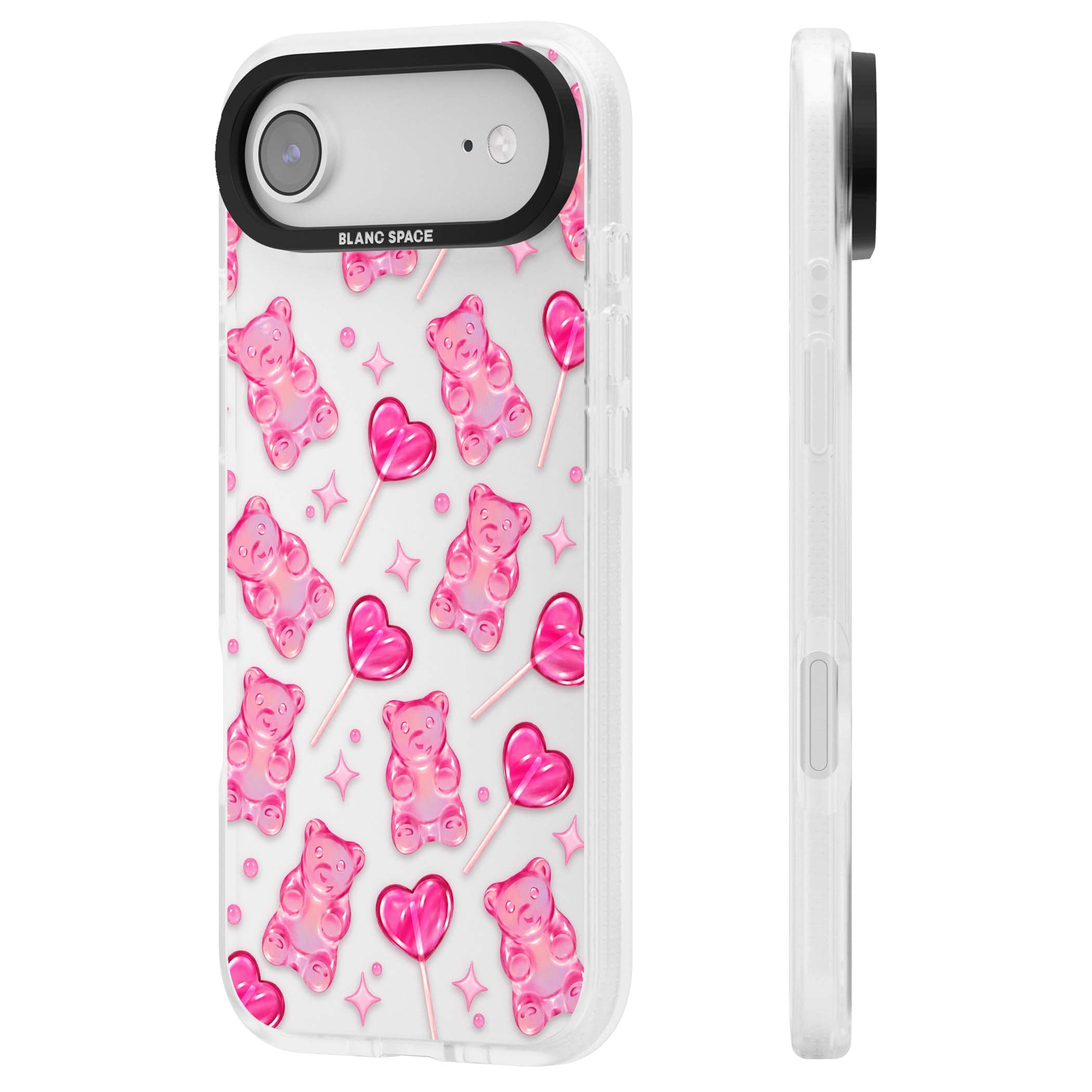 Pink Sugar pinkcore iPhone case featuring pink gummy bears, heart-shaped lollipops and sparkle stars | Clear Case Impact Air case for iPhone Air