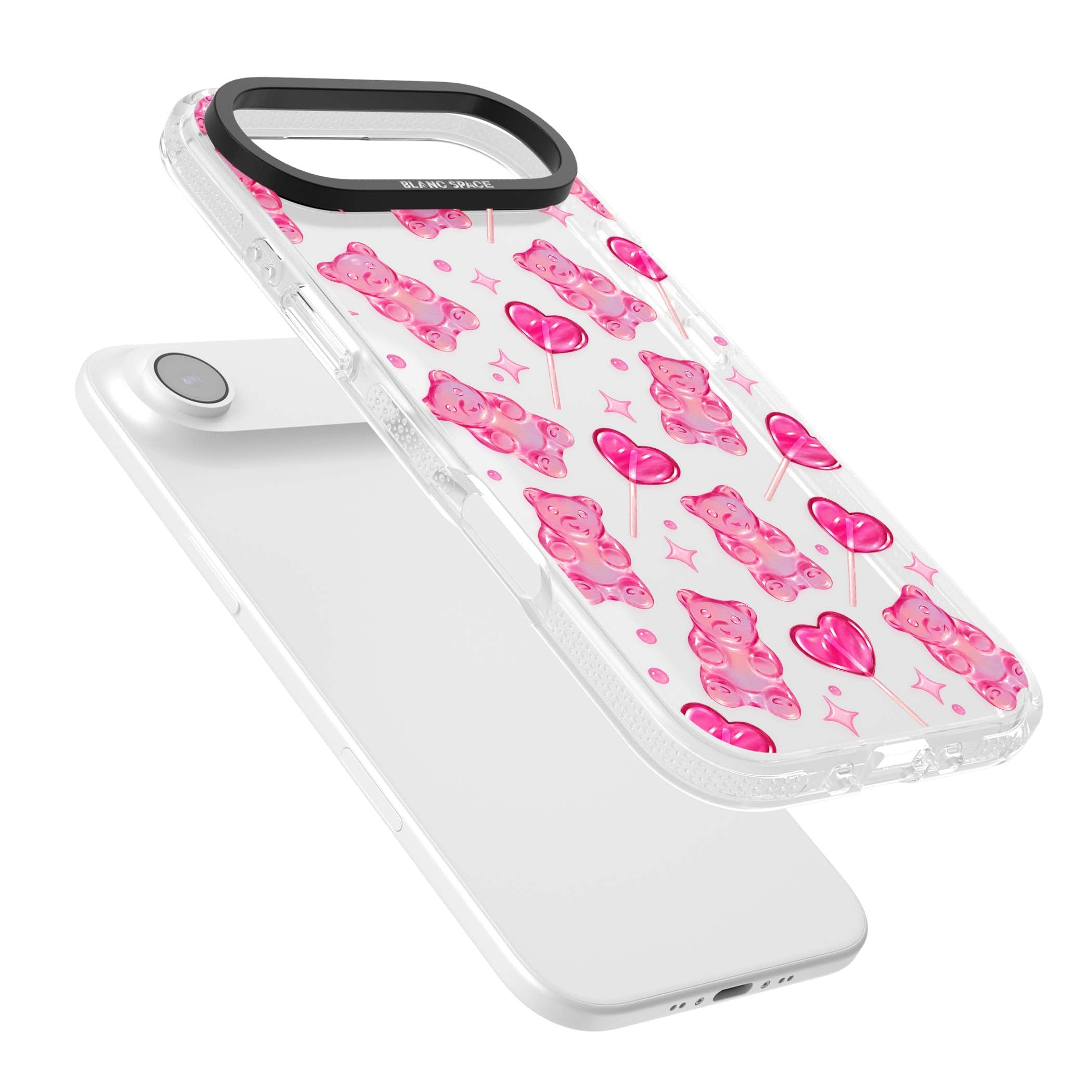 Pink Sugar pinkcore iPhone case featuring pink gummy bears, heart-shaped lollipops and sparkle stars | Clear Case Impact Air case for iPhone Air