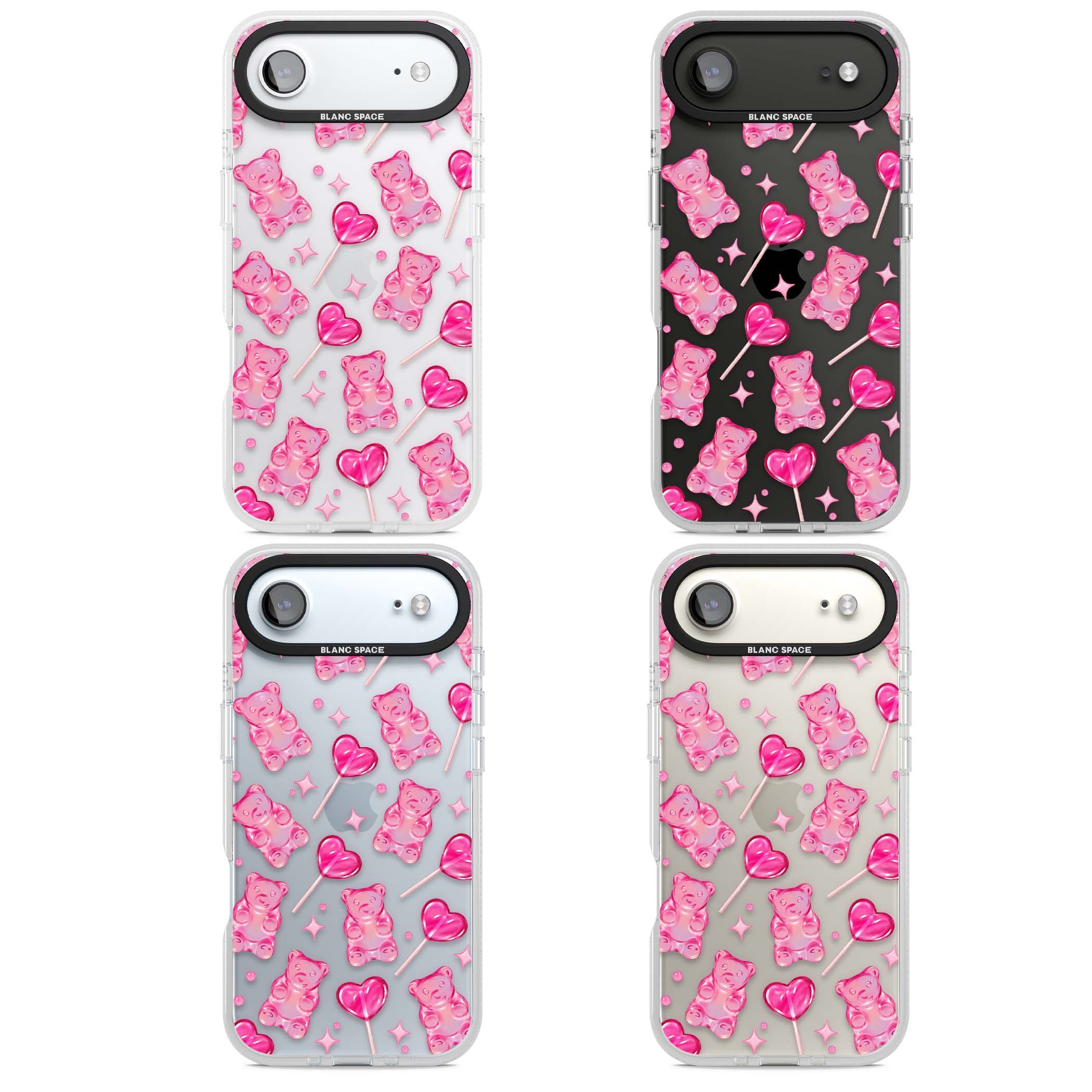 Pink Sugar pinkcore iPhone case featuring pink gummy bears, heart-shaped lollipops and sparkle stars | Clear Case Impact Air case for iPhone Air