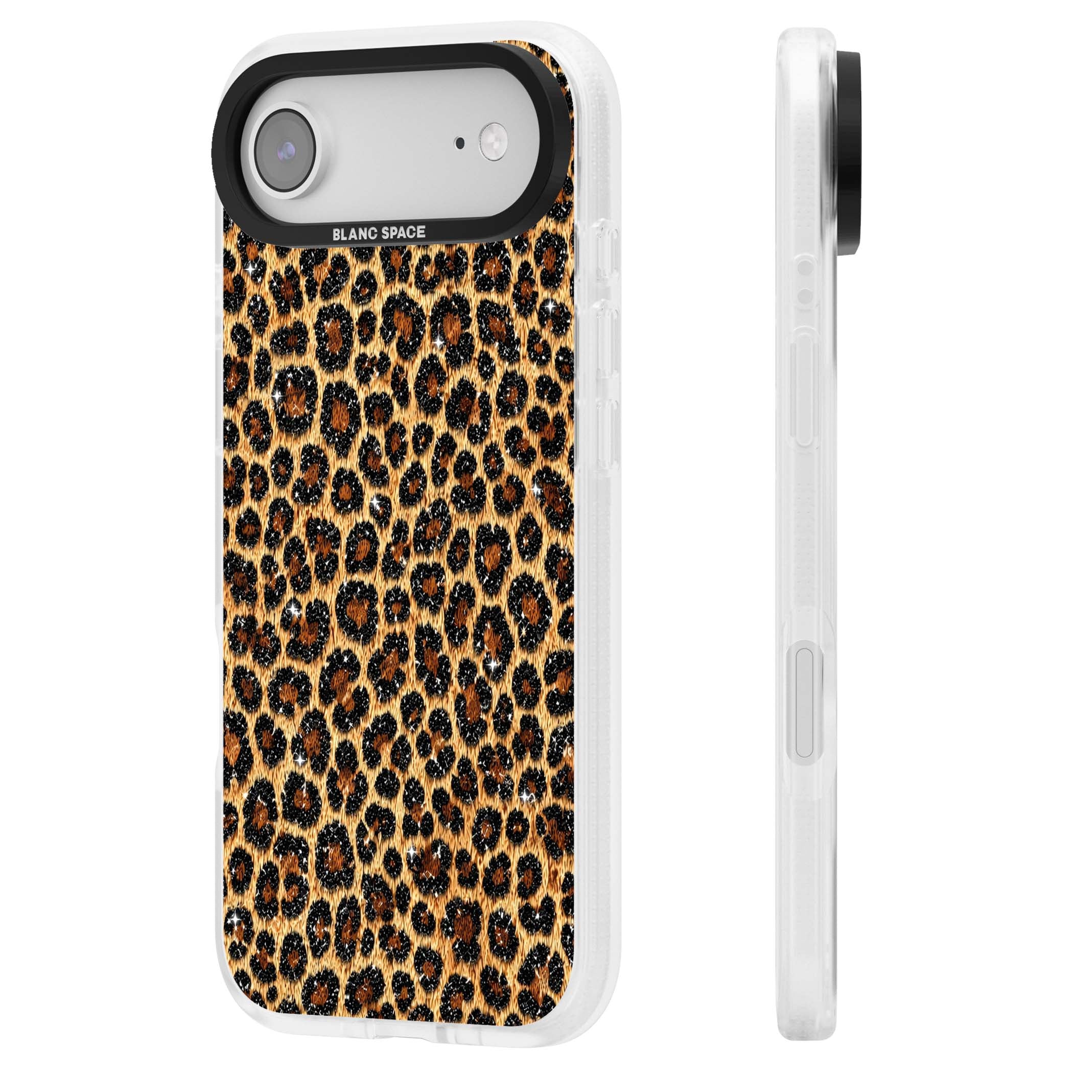 Diamond Leopard leopard print iPhone case featuring golden tan fur, black rosette spots and subtle glitter sparkle | Clear Case Impact Air case for iPhone Air