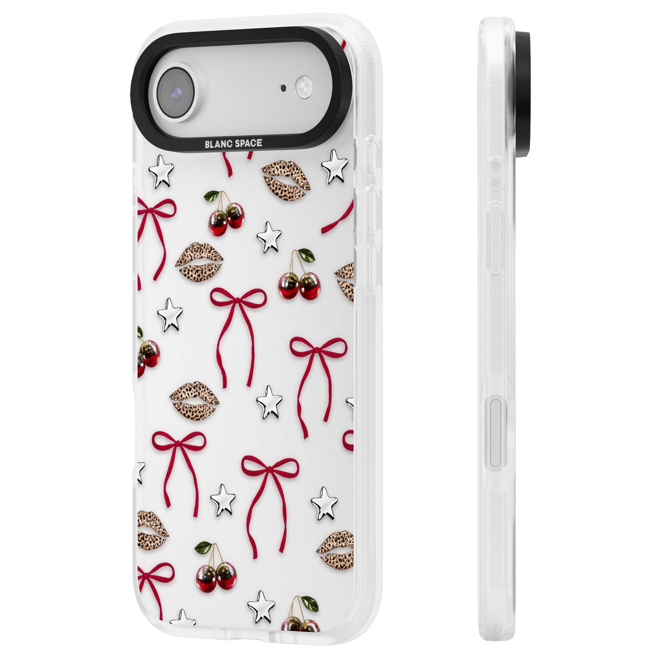 Starlet coquette iPhone case featuring red ribbon bows, disco cherries and leopard-print lips | Clear Case Impact Air case for iPhone Air