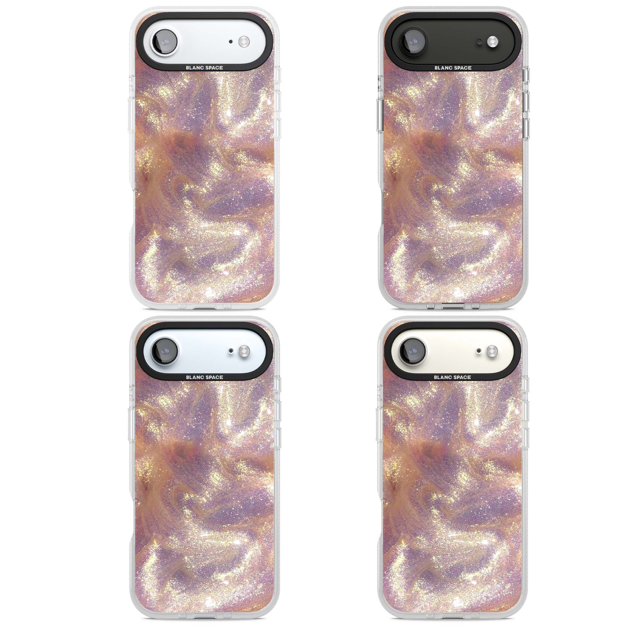 Shimmer marble iPhone case featuring rose gold glitter swirls, lilac shimmer and iridescent pearl finish | Clear Case Impact Air case for iPhone Air