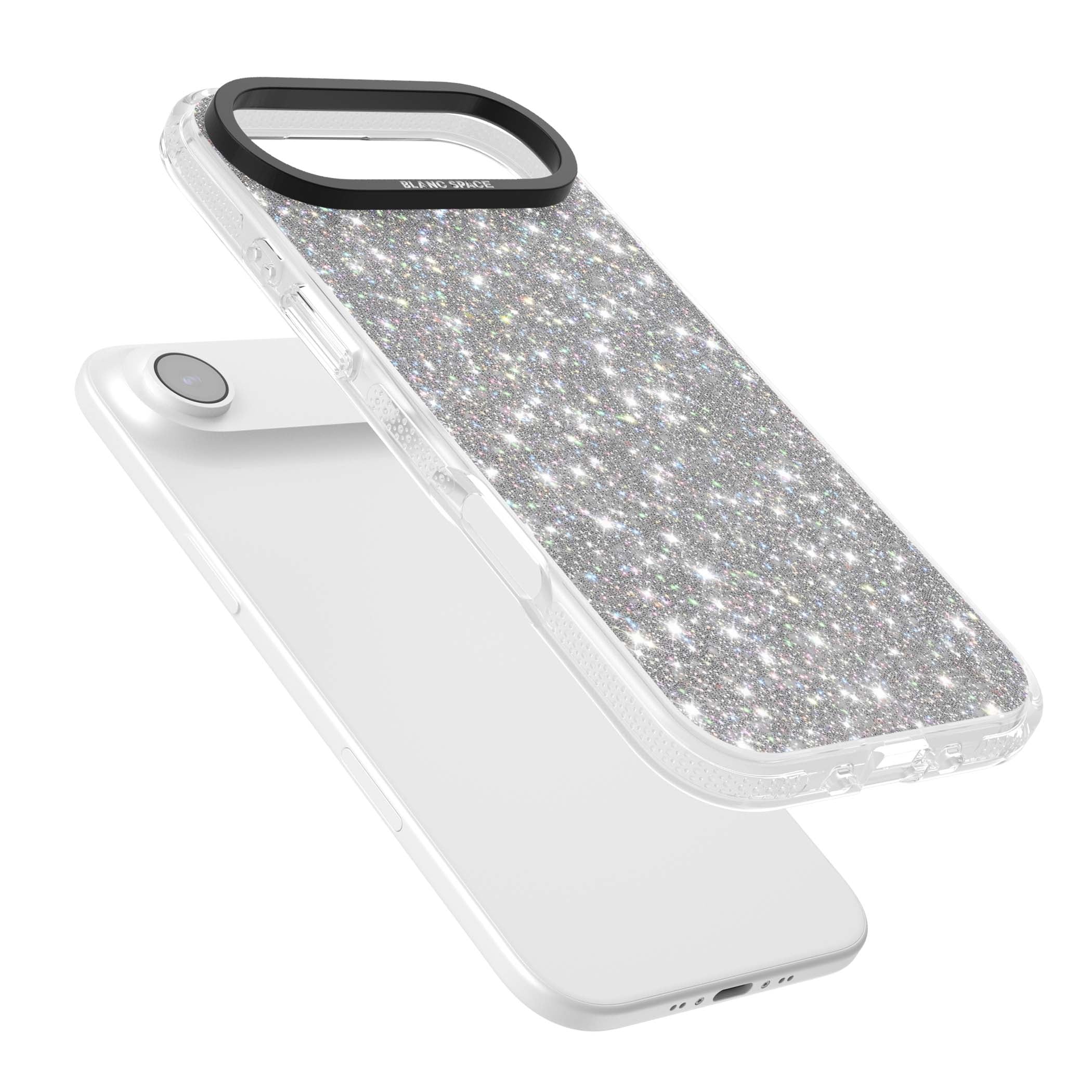 Diamond glam iPhone case featuring silver glitter sparkle and shimmering diamond dust effect | Clear Case Impact Air case for iPhone Air