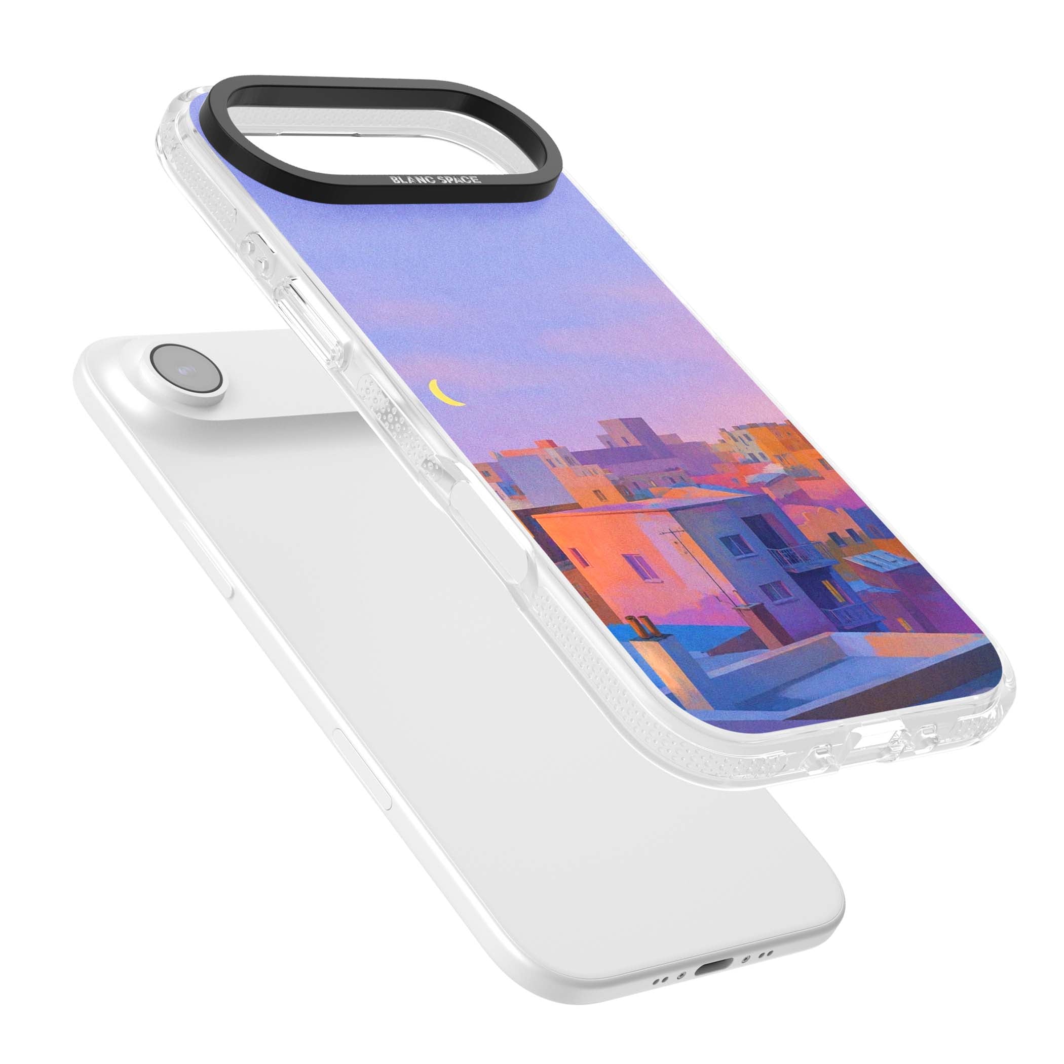 Twilight Rooftops vaporwave iPhone case featuring a pastel sunset cityscape, painted rooftops and a crescent moon. | Clear Case Impact Air case for iPhone Air