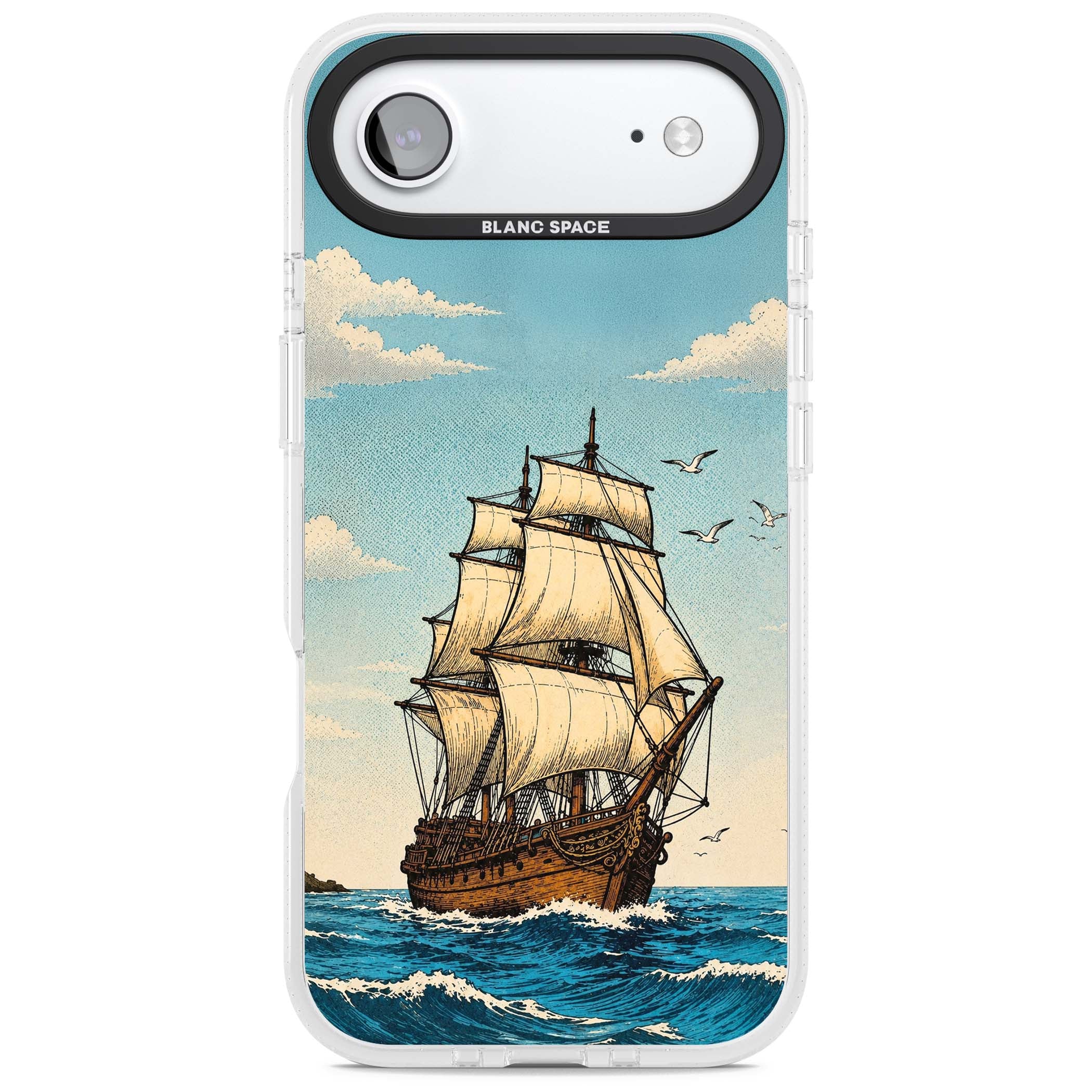Ship at Sea nautical iPhone case featuring a vintage tall ship, ocean waves and seagulls | Clear Case Impact Air case for iPhone Air