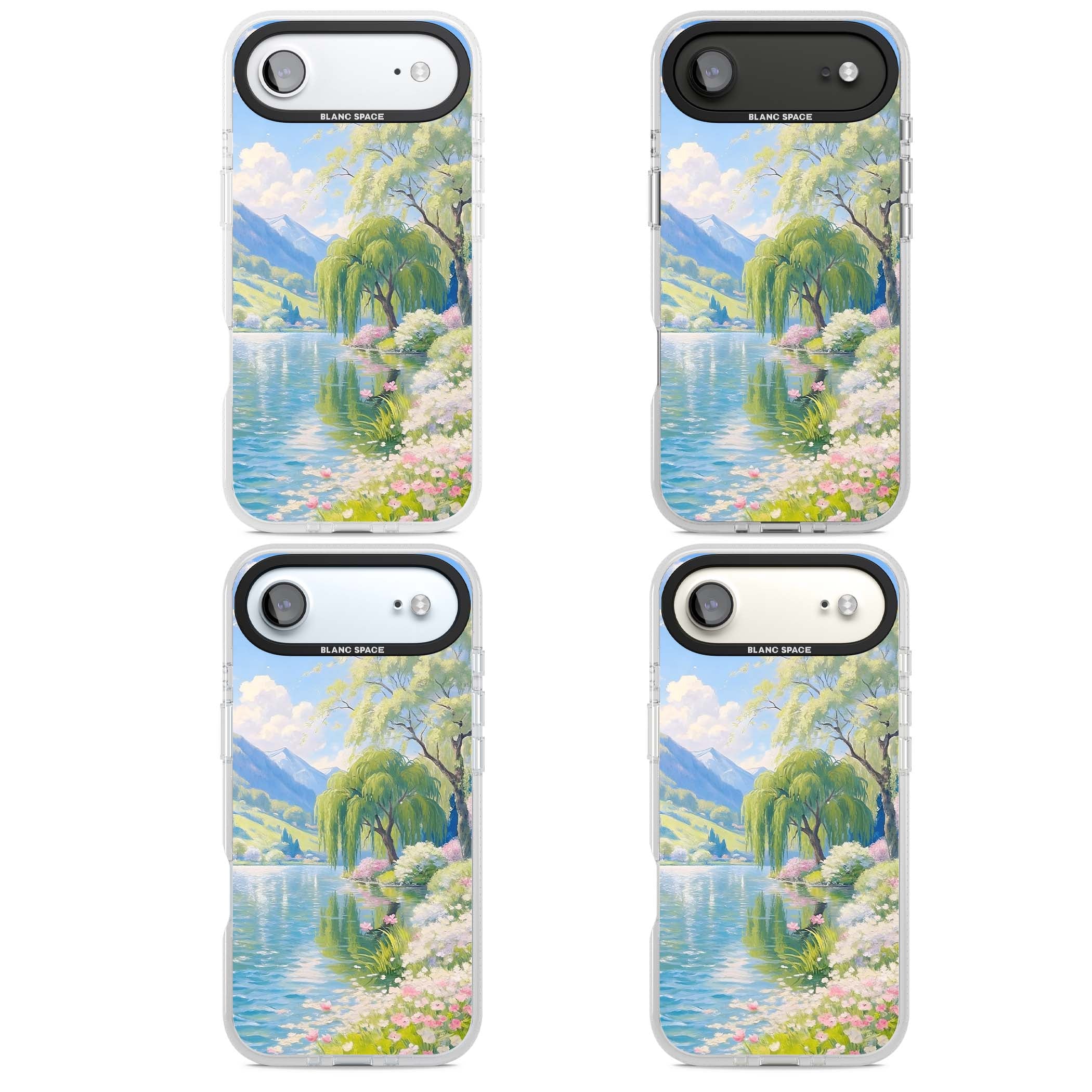 Willow Lake cottagecore iPhone case featuring a painted lakeside with weeping willow, blossoms and distant mountains | Clear Case Impact Air case for iPhone Air