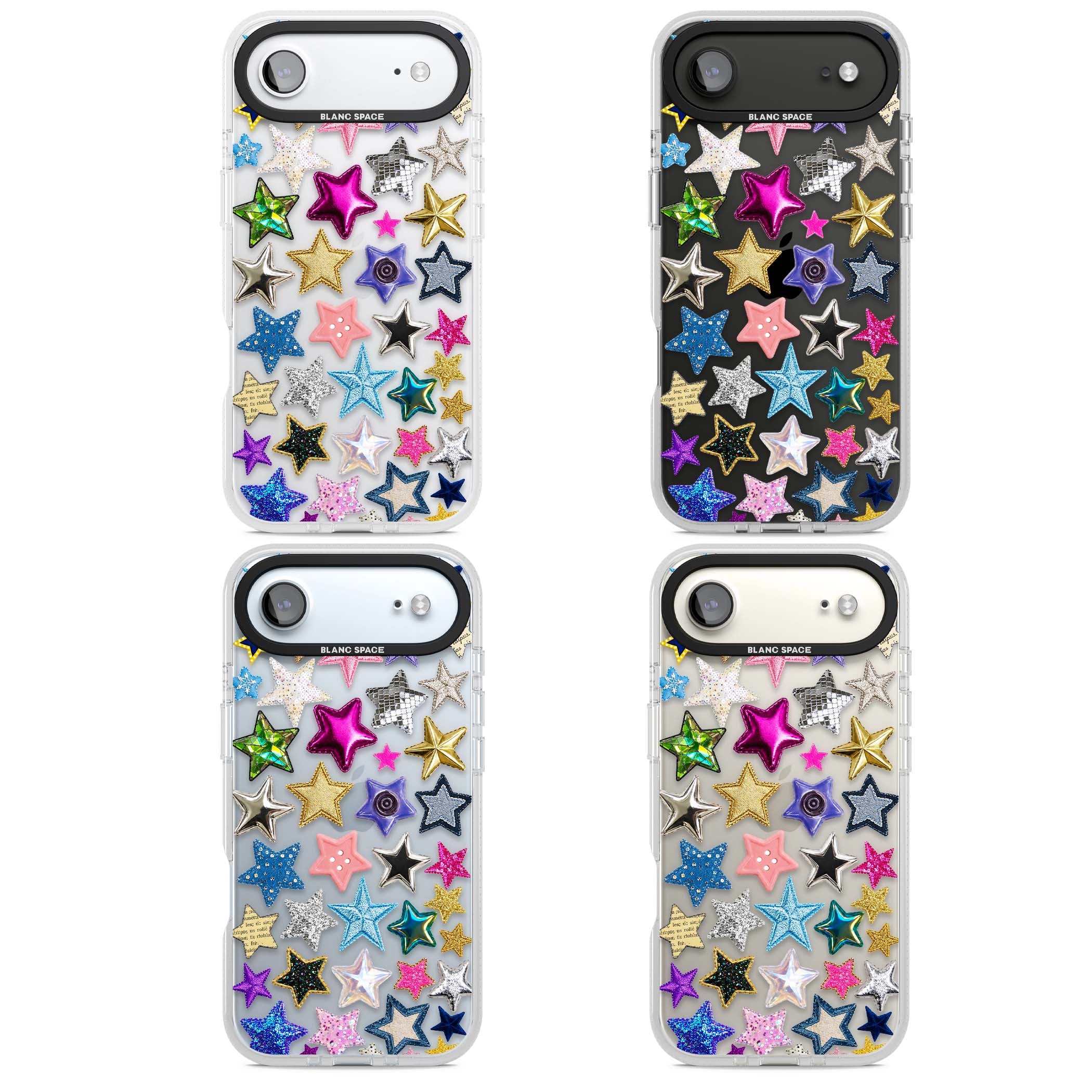 Crafty Star Mix Y2K iPhone case featuring embroidered, sequinned and glitter star patches in rainbow colours | Clear Case Impact Air case for iPhone Air