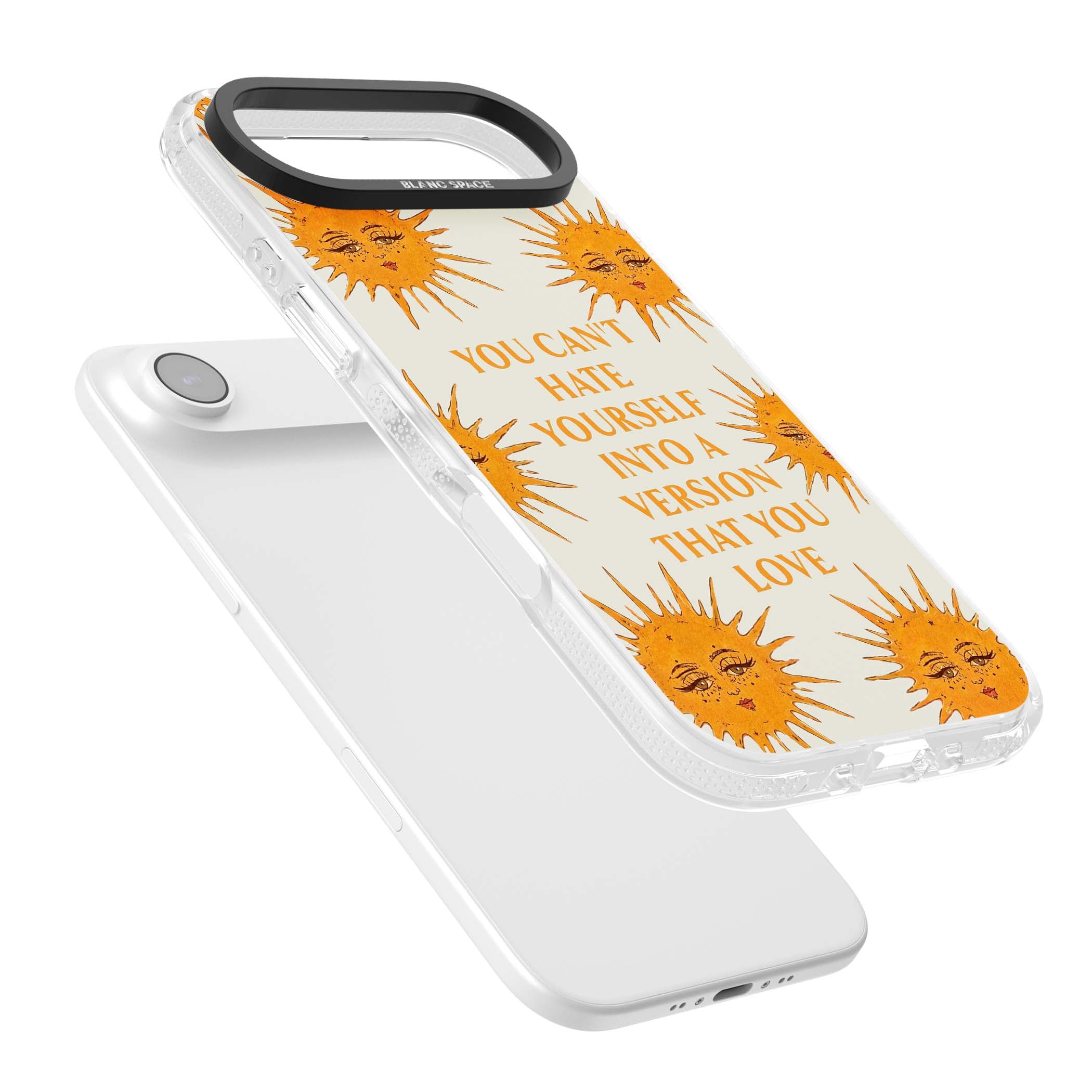 Don't Hate Yourself celestial iPhone case featuring vintage sun faces, ochre rays and a self-love quote | Clear Case Impact Air case for iPhone Air