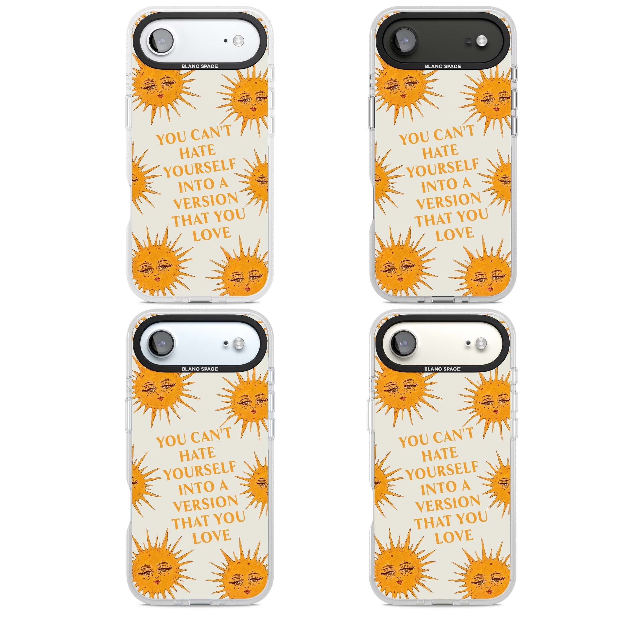 Don't Hate Yourself celestial iPhone case featuring vintage sun faces, ochre rays and a self-love quote | Clear Case Impact Air case for iPhone Air
