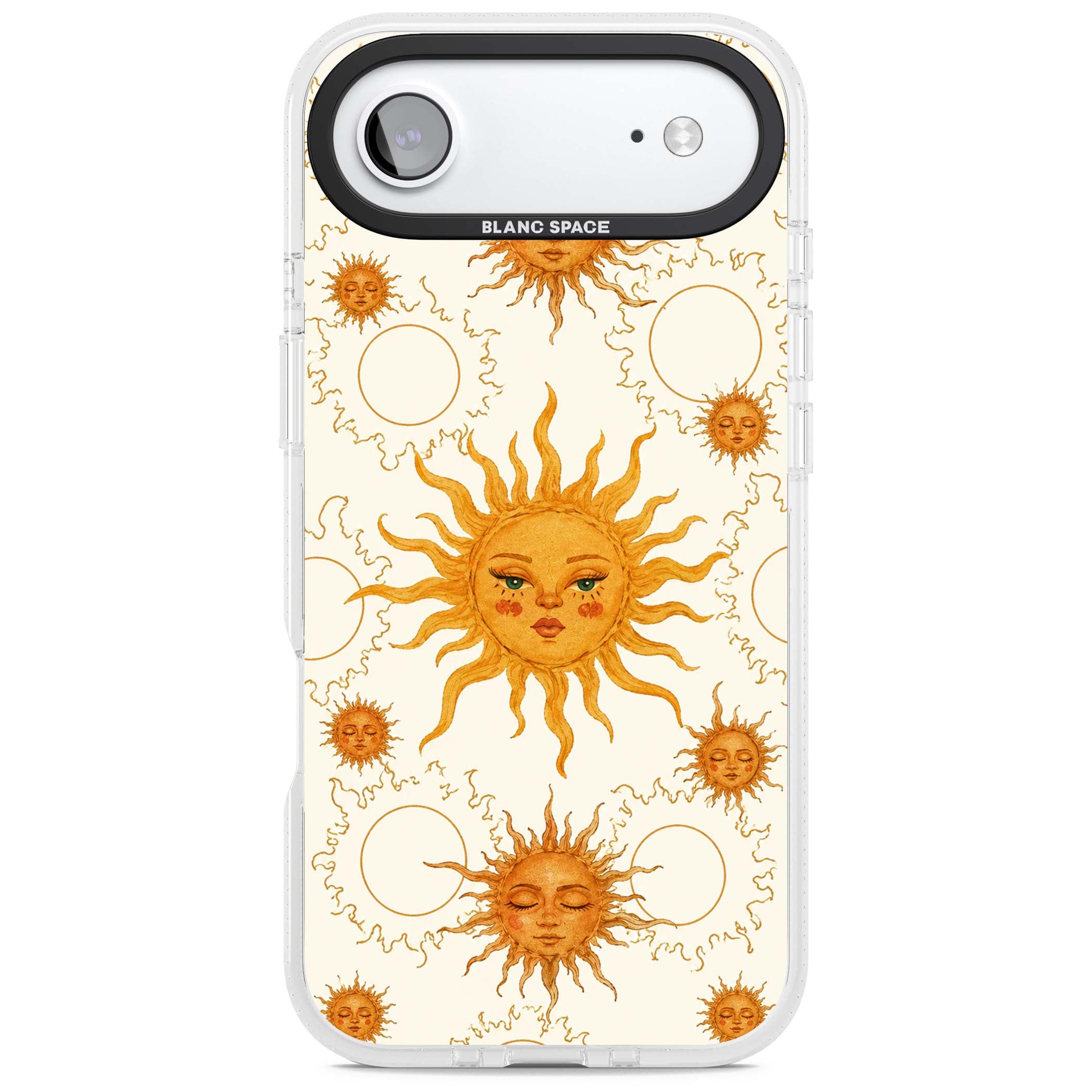 Solstice Muse celestial iPhone case featuring hand-painted golden sun faces, closed-eye sun goddesses and outlined moons... | Clear Case Impact Air case for iPhone Air
