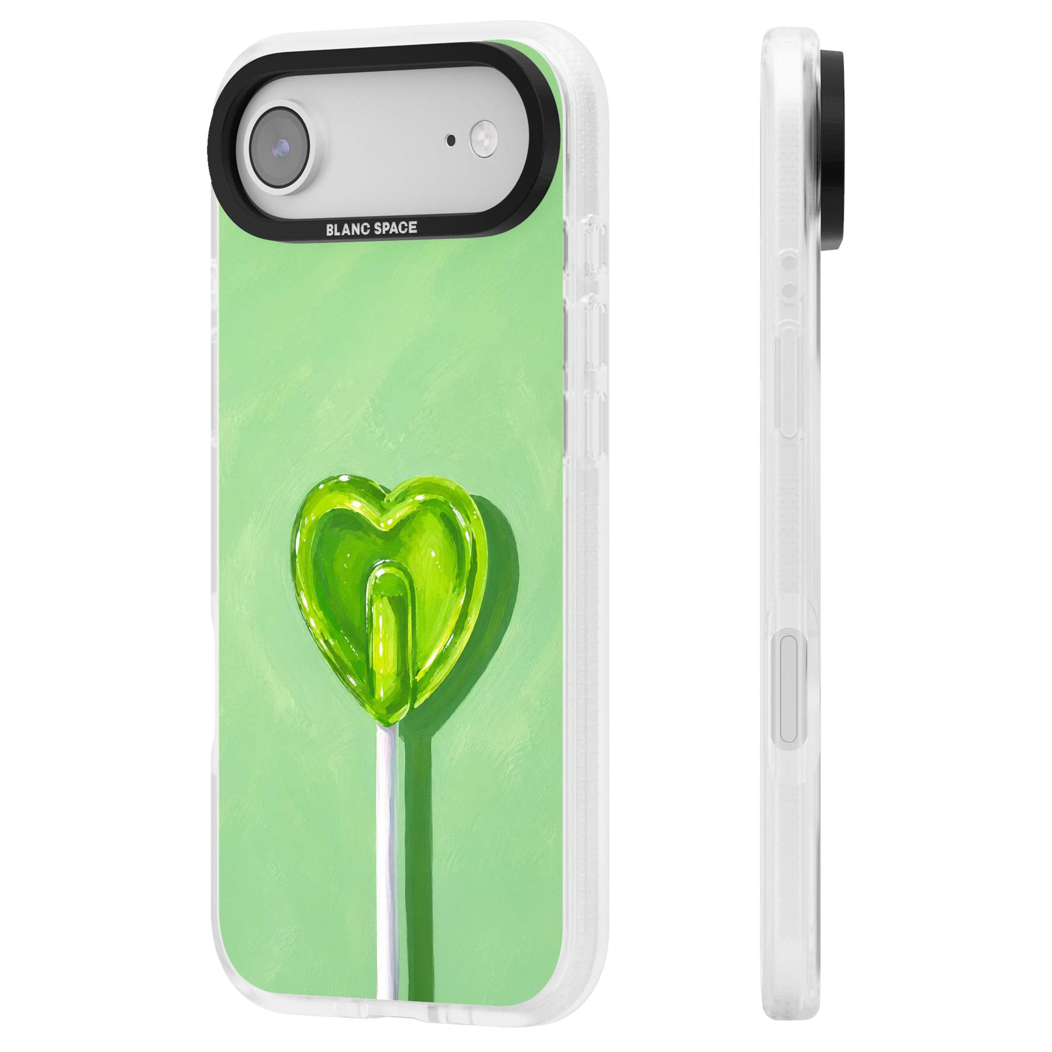 Green Lollipop candy art iPhone case featuring a glossy green heart-shaped lollipop on a painted pastel green background | Clear Case Impact Air case for iPhone Air