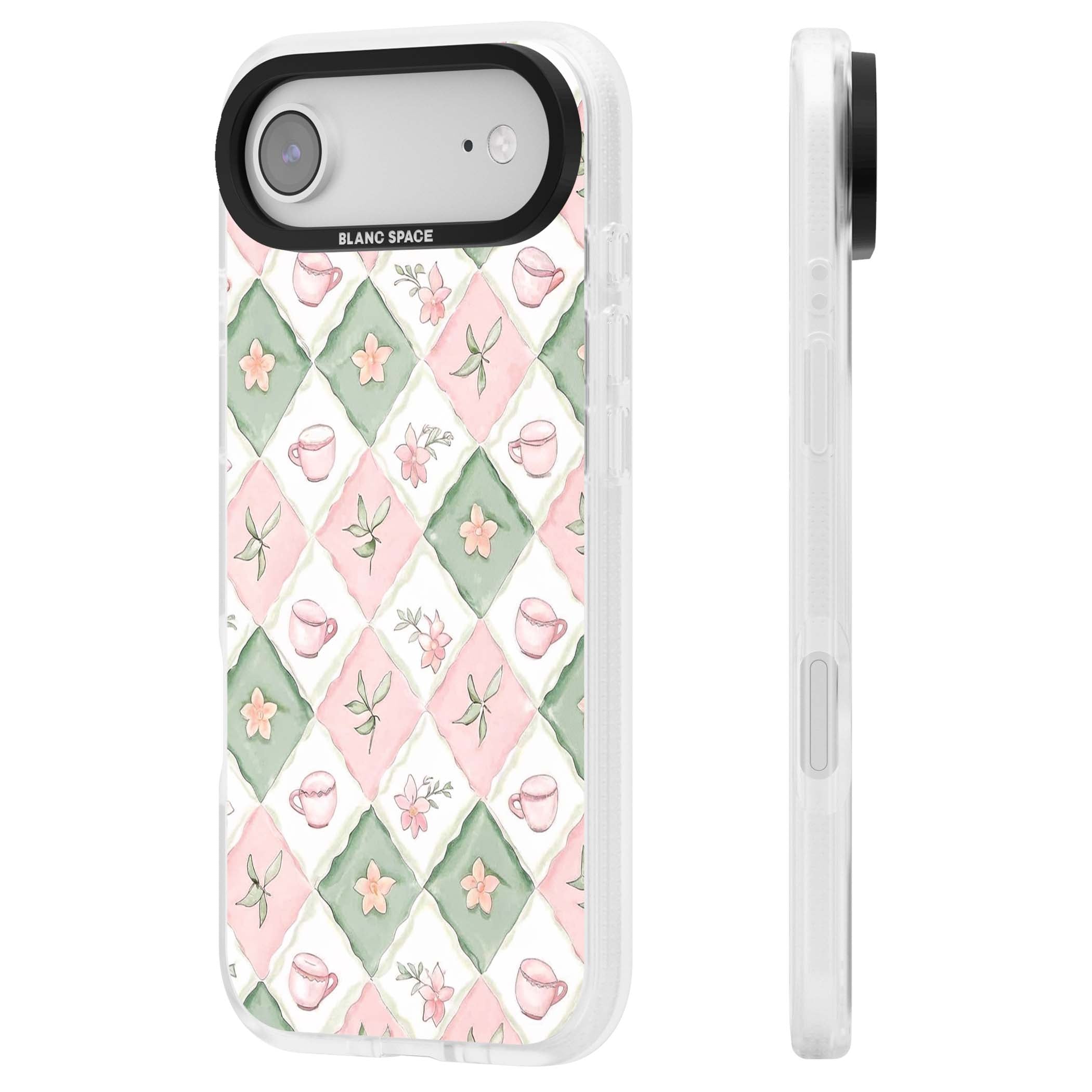 Garden Tea Party coquette iPhone case with pink and green checkered pattern, watercolour teacups and wildflowers | Clear Case Impact Air case for iPhone Air