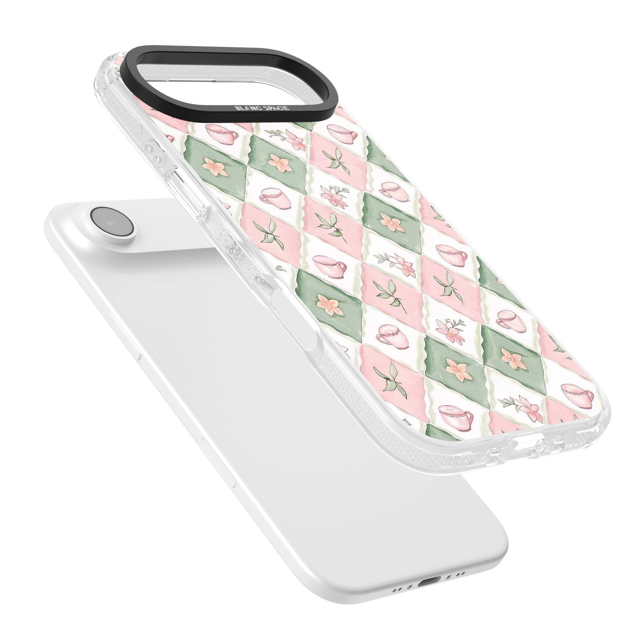 Garden Tea Party coquette iPhone case with pink and green checkered pattern, watercolour teacups and wildflowers | Clear Case Impact Air case for iPhone Air